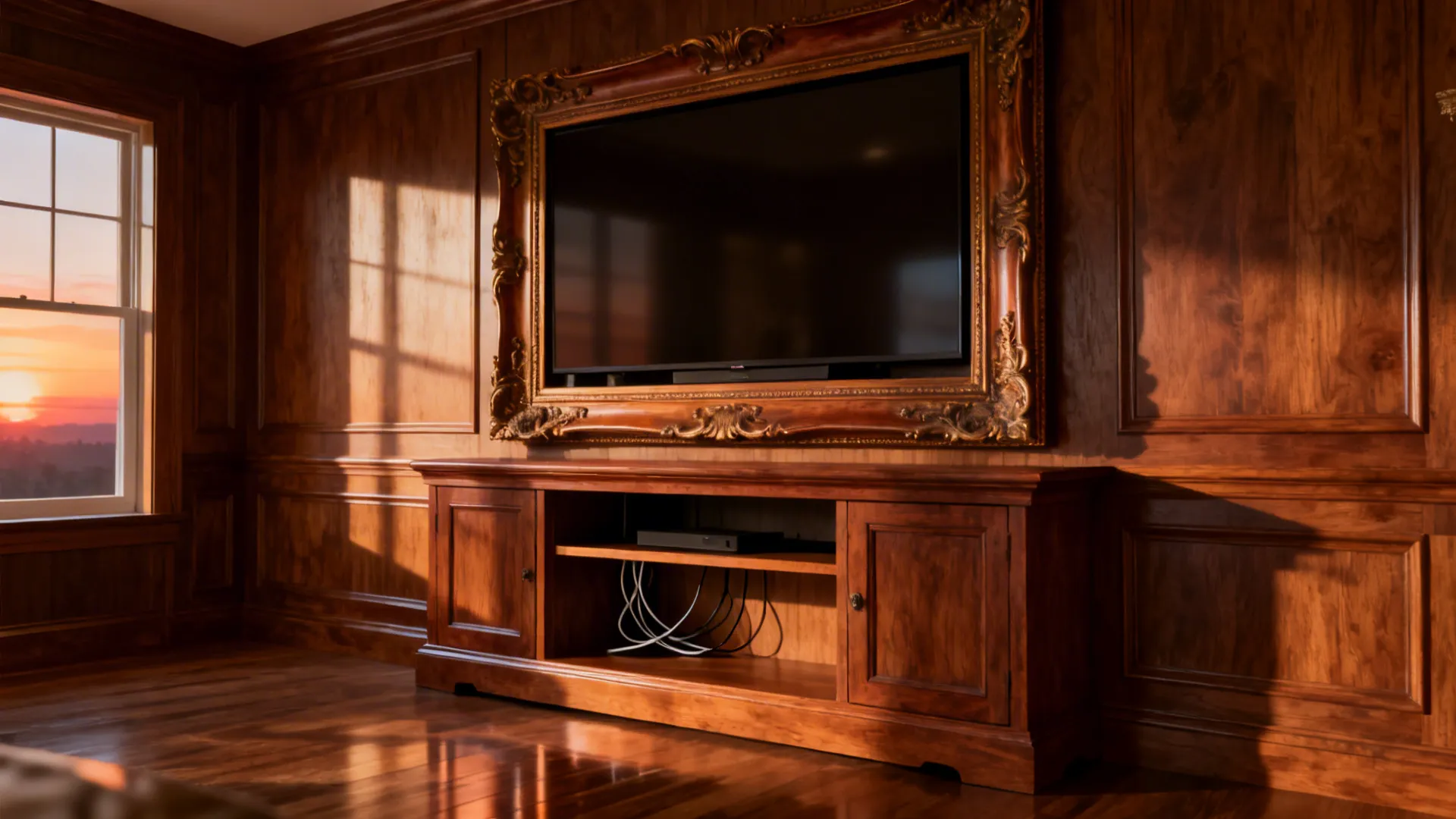 Large ornate wooden picture frame mounted above a media console serving as a faux mantel in a living room.