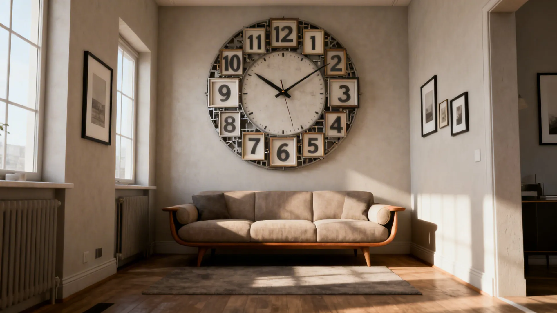 Compact living room with an oversized gallery-style clock with exposed numerals above a sofa and simple frames