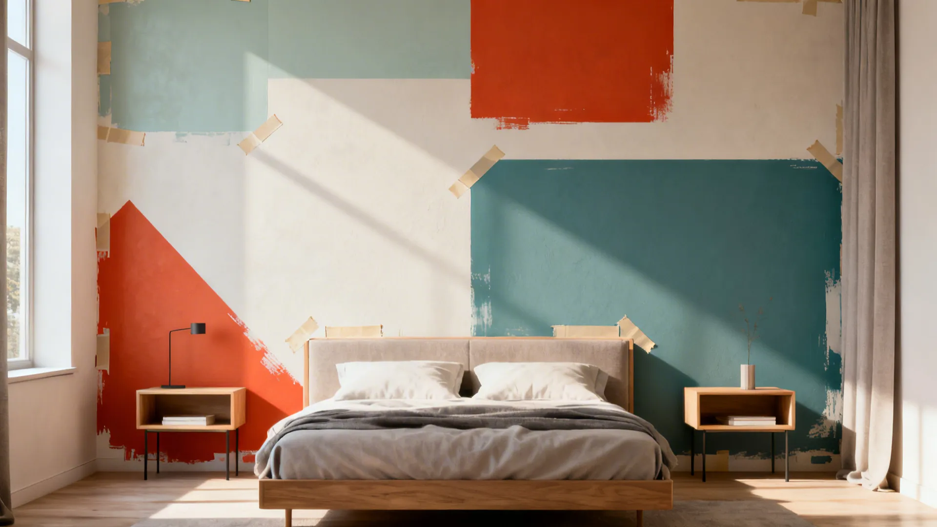 Bedroom accent wall with large geometric color blocks in contrasting muted tones
