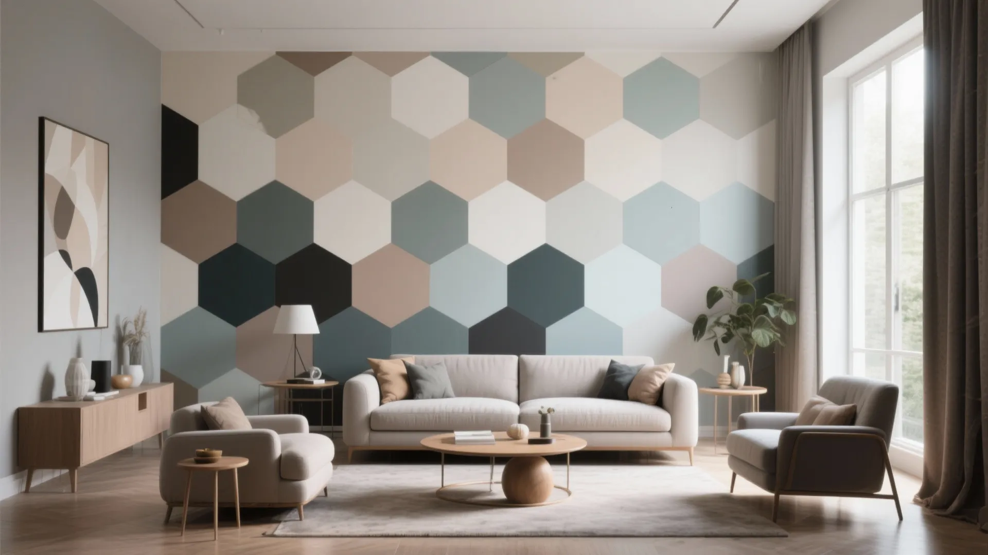 Modern living room with oversized hexagon geometric wall art
