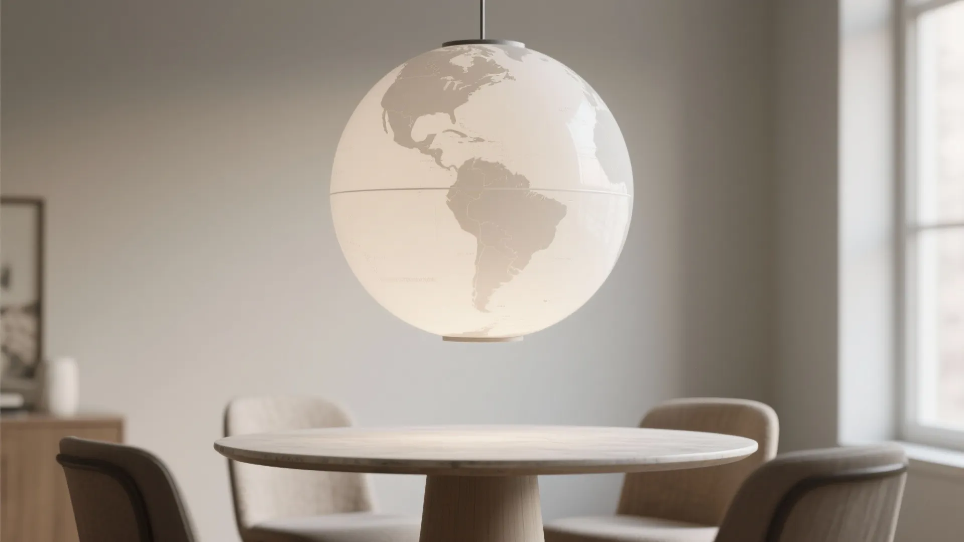Large round globe shaped ceiling light hanging over a marble table in a bright room