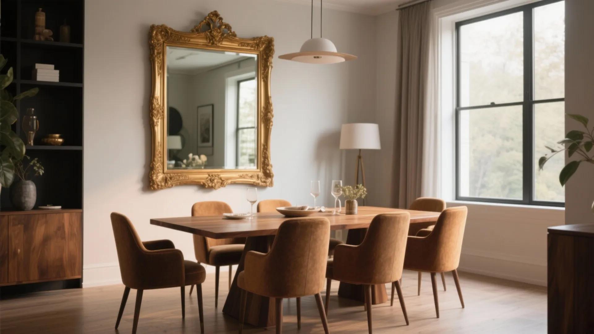 Modern dining room with wooden table orange chairs large gold wall mirror and white light