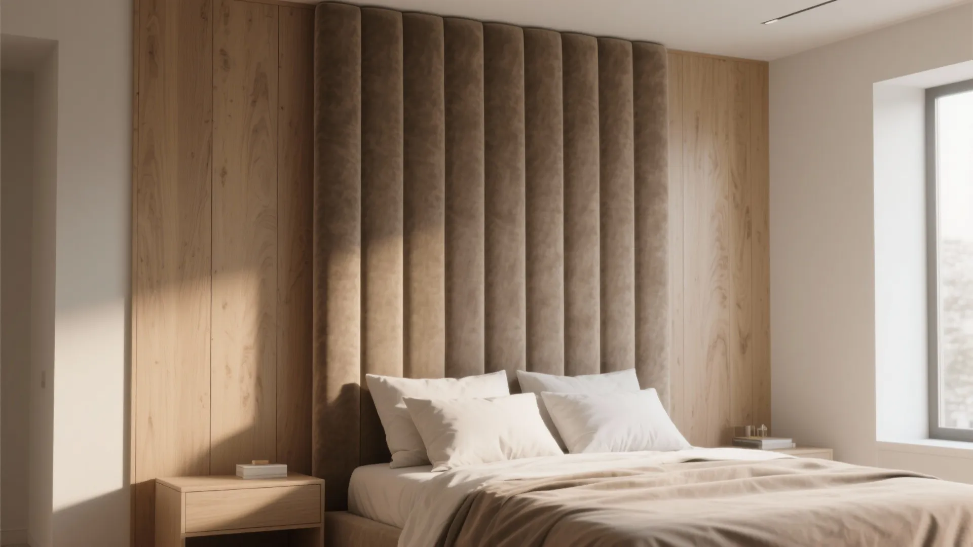 Modern bedroom featuring large brown vertical upholstered headboard with wooden wall panels and soft bedding