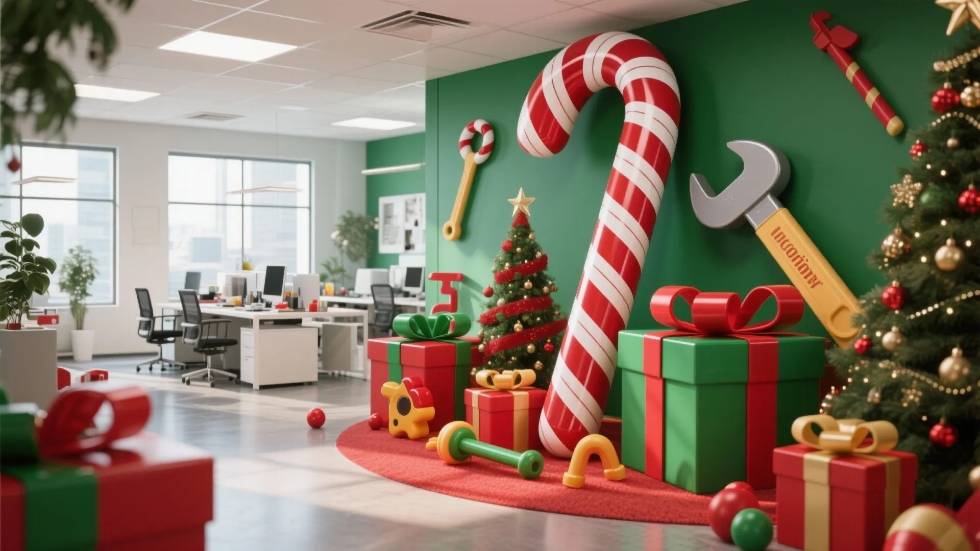 Office decorated with giant candy canes and large gift boxes