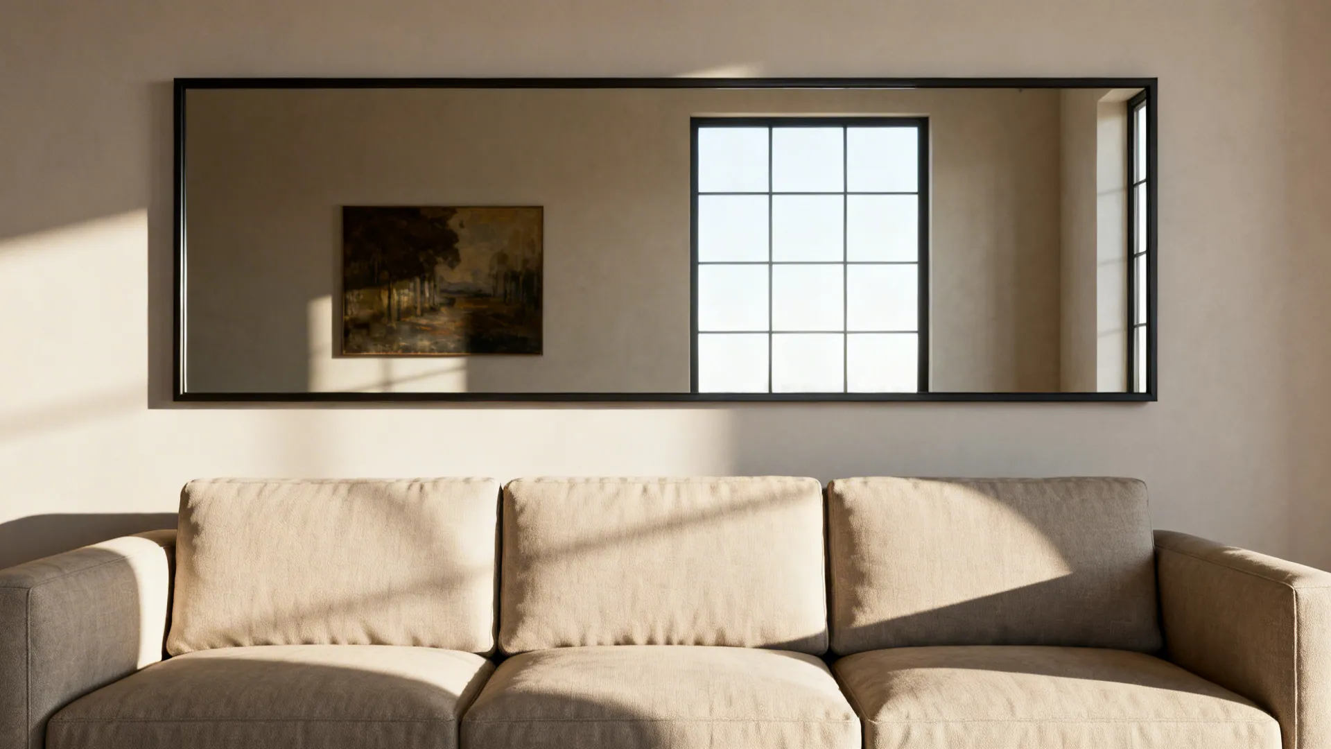 Living room with an oversized horizontal rectangular mirror above the sofa reflecting a window and artwork