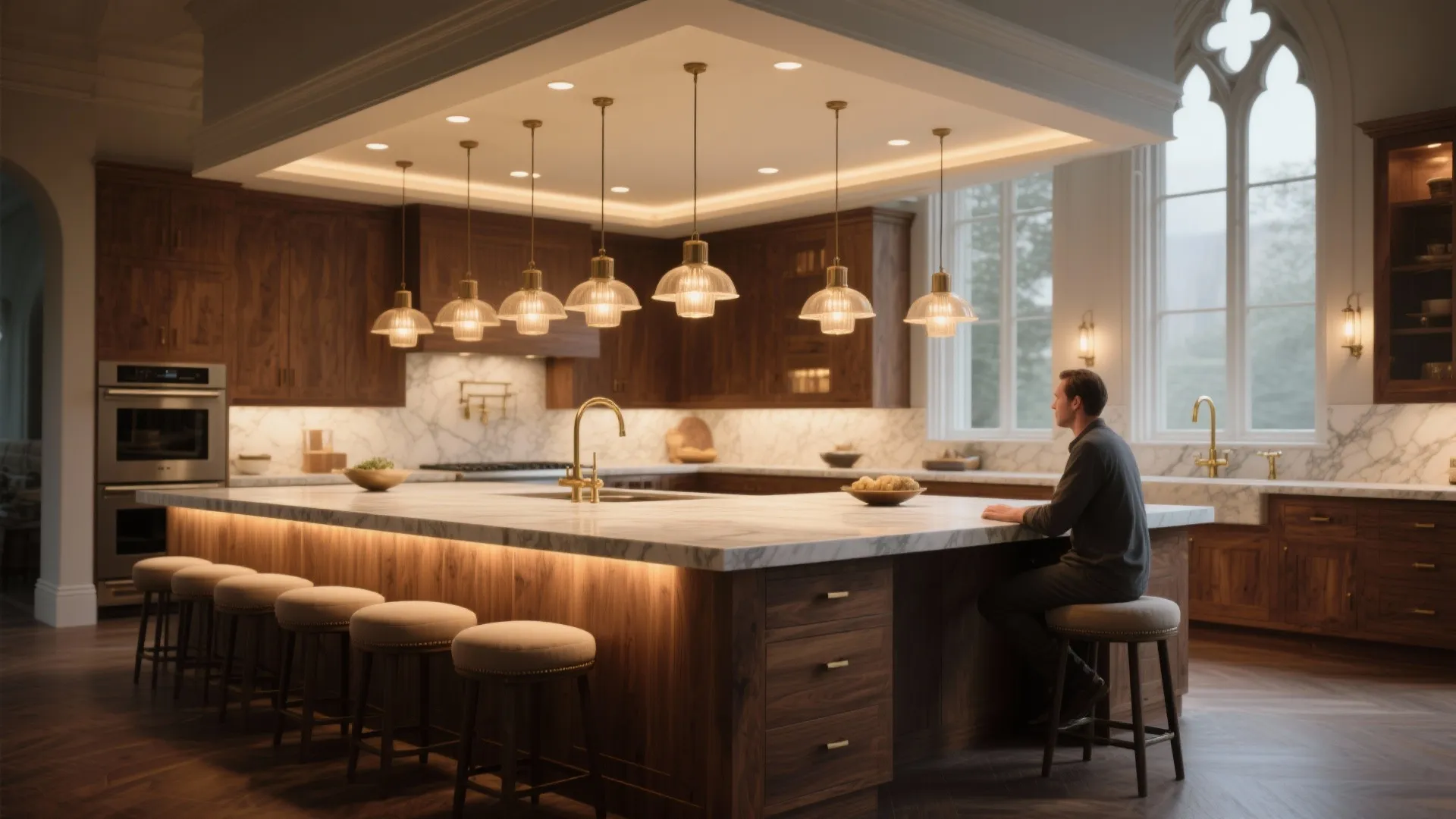 4. Anchor the Space with an Oversized Island and Layered Lighting