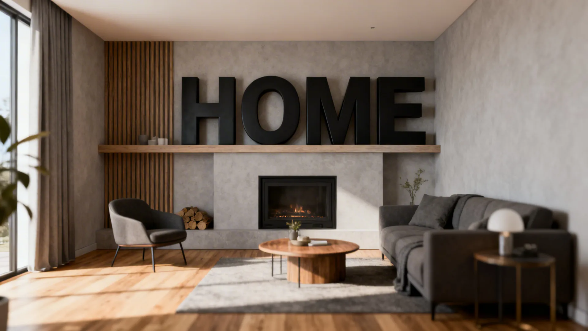 Modern living room with grey sofa fireplace large black HOME letters and round coffee table