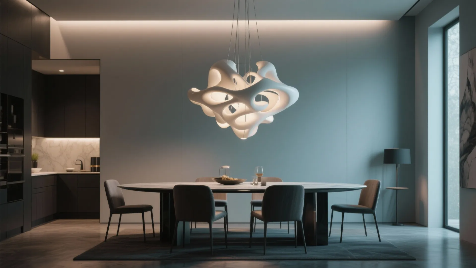 Oversized sculptural chandelier above dining table