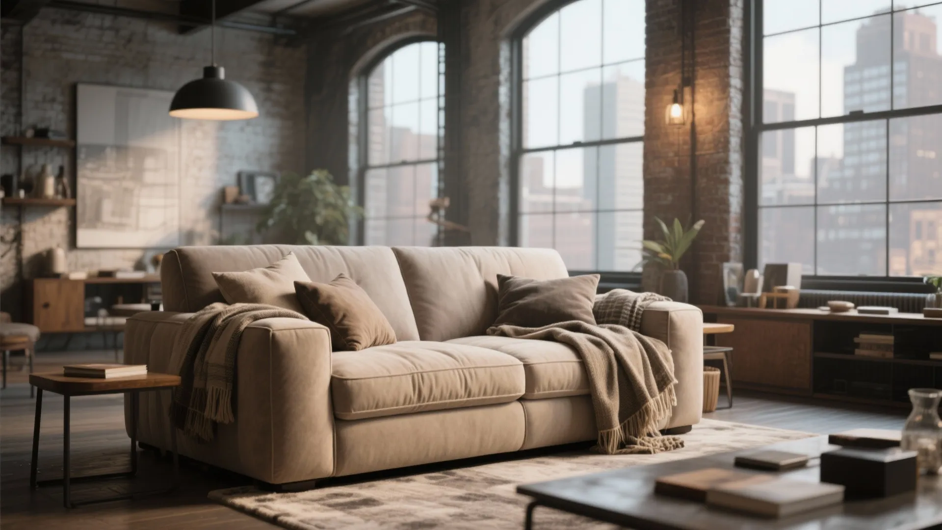 Oversized lounge chair with layered throws in a loft living room