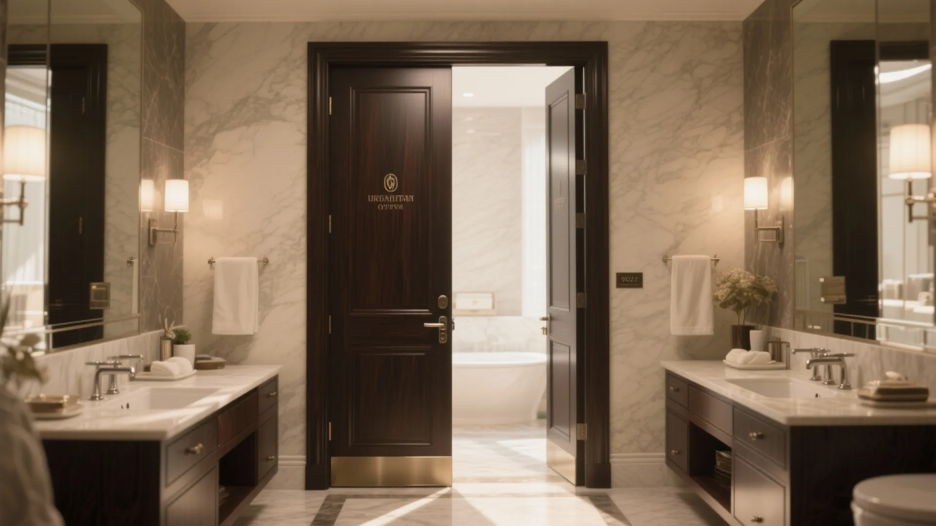 Luxury marble bathroom featuring double dark wood doors leading to a white bathtub and sinks