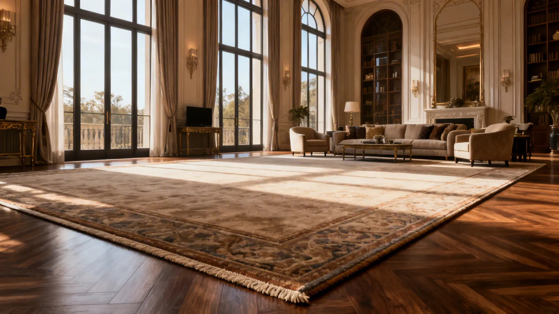 Grand living room with tall ceilings and an oversized rug extending beyond the seating area.