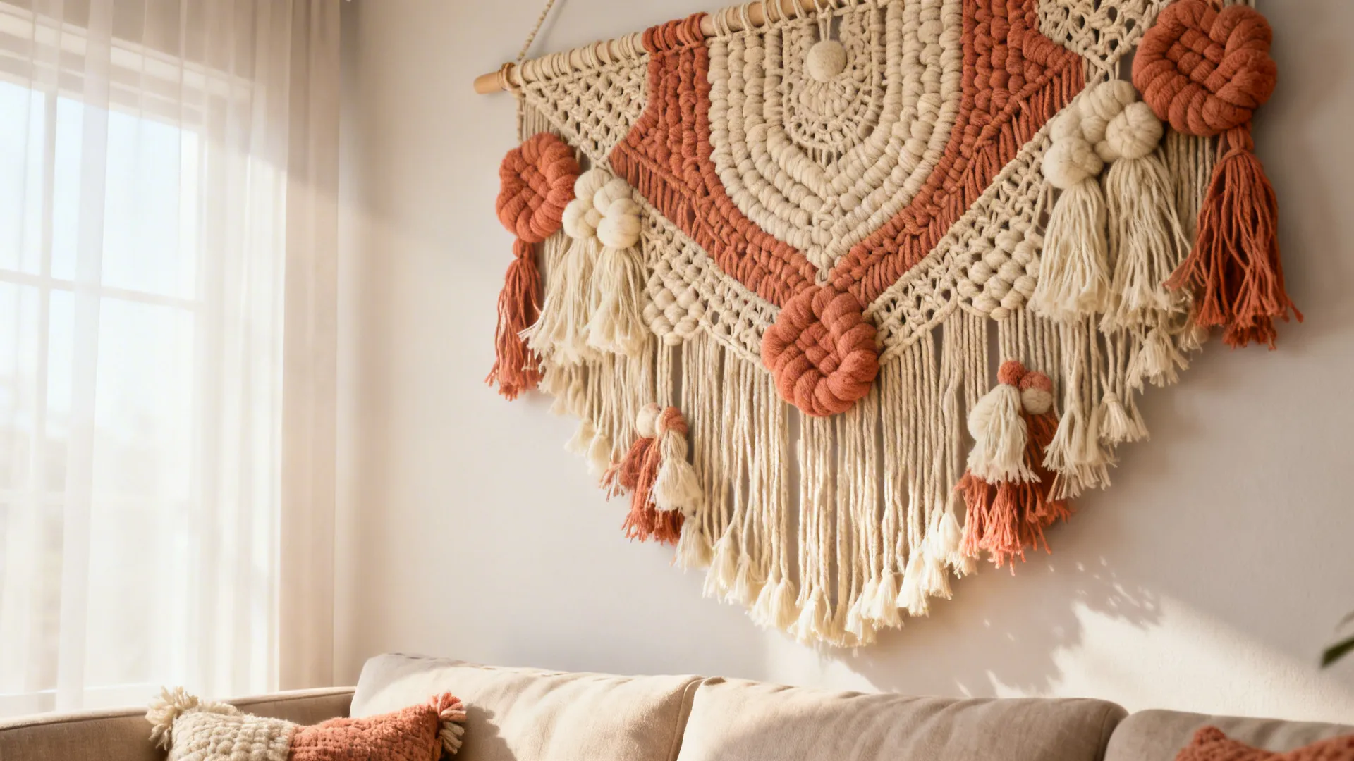 Oversized macramé textile hanging showing fiber texture and warm Scandinavian-boho styling.