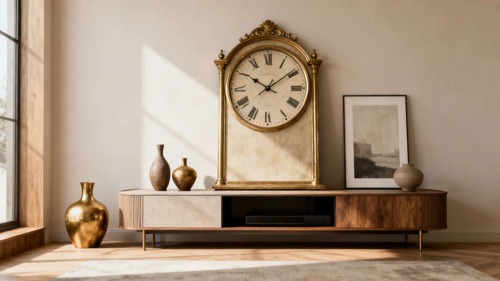Oversized mantel-style table clock on a low media console with vases and framed art.