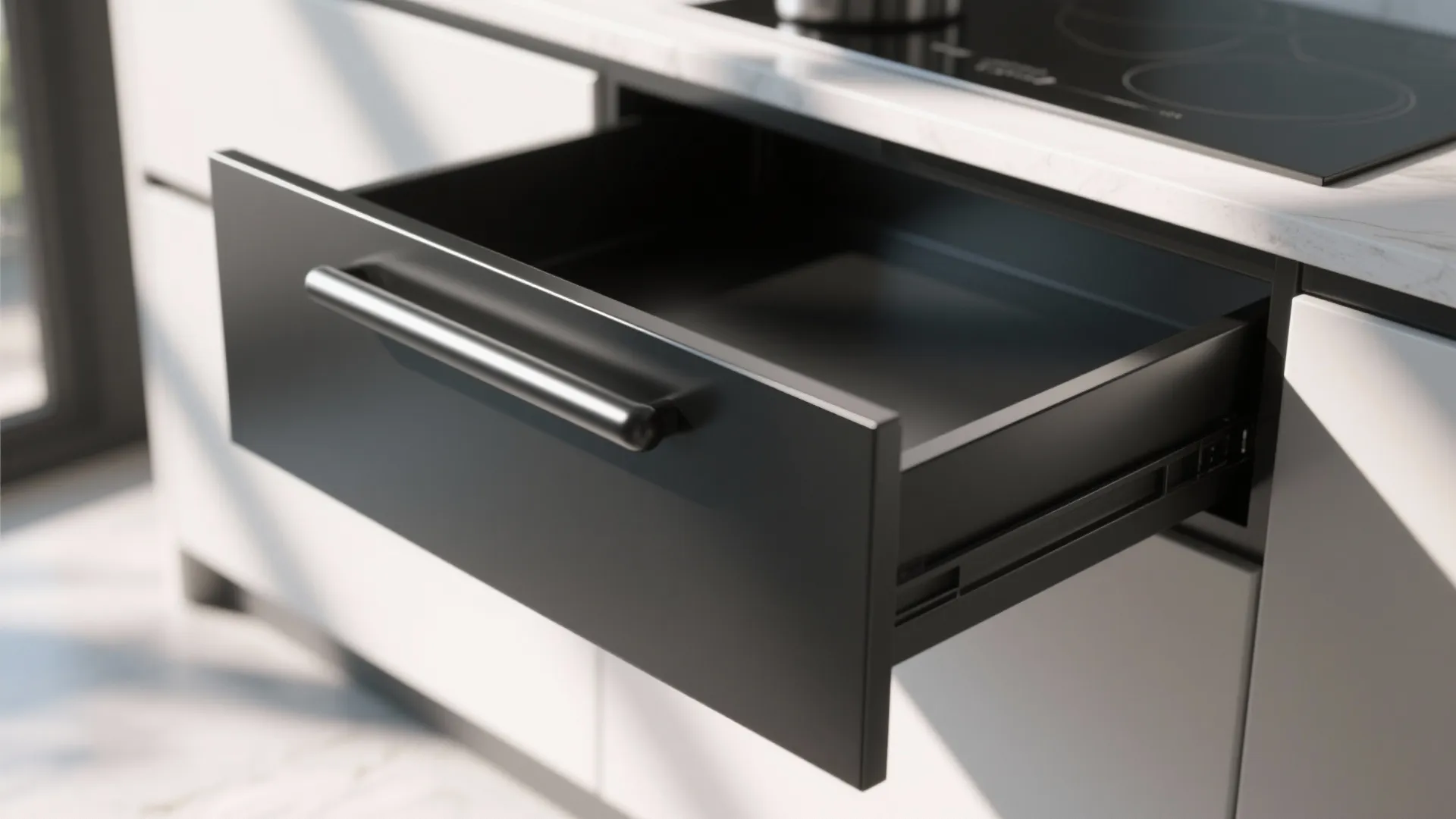 Wide drawer with an oversized matte black bar pull emphasizing ergonomics and focal impact.
