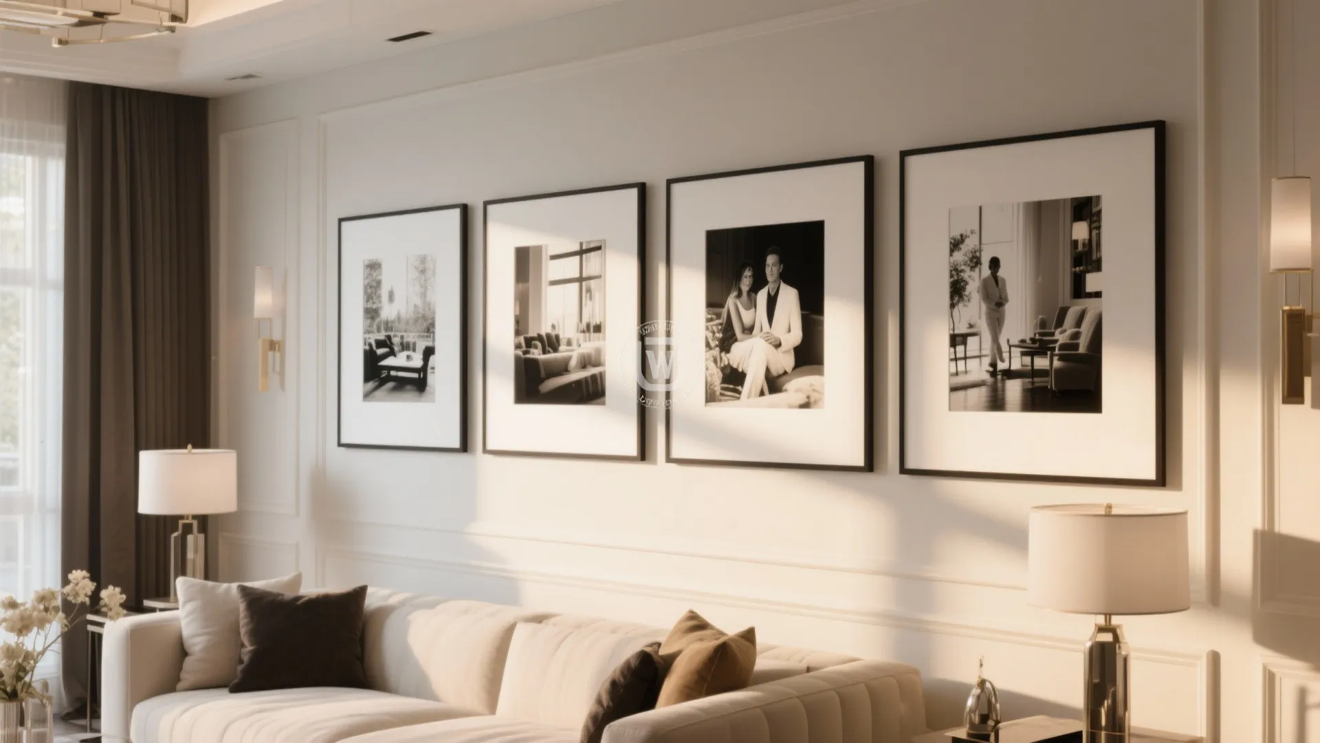 4x6 photos in large frames with oversized mats on a living room wall