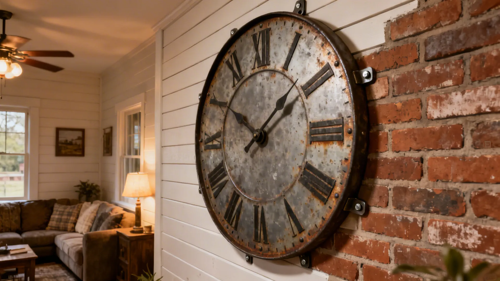 Distressed oversized metal clock on farmhouse shiplap wall