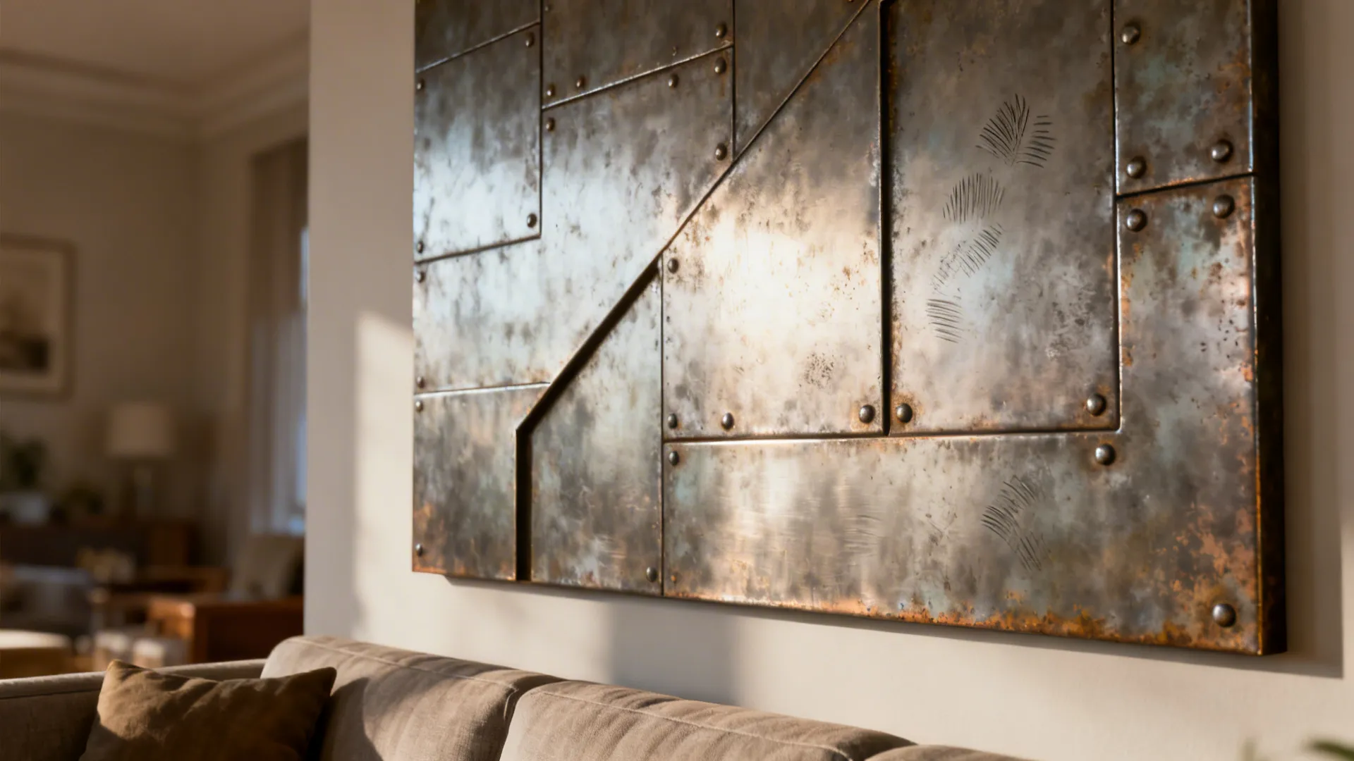 Close-up of a brushed patina metal panel showing texture and subtle reflections above a sofa.