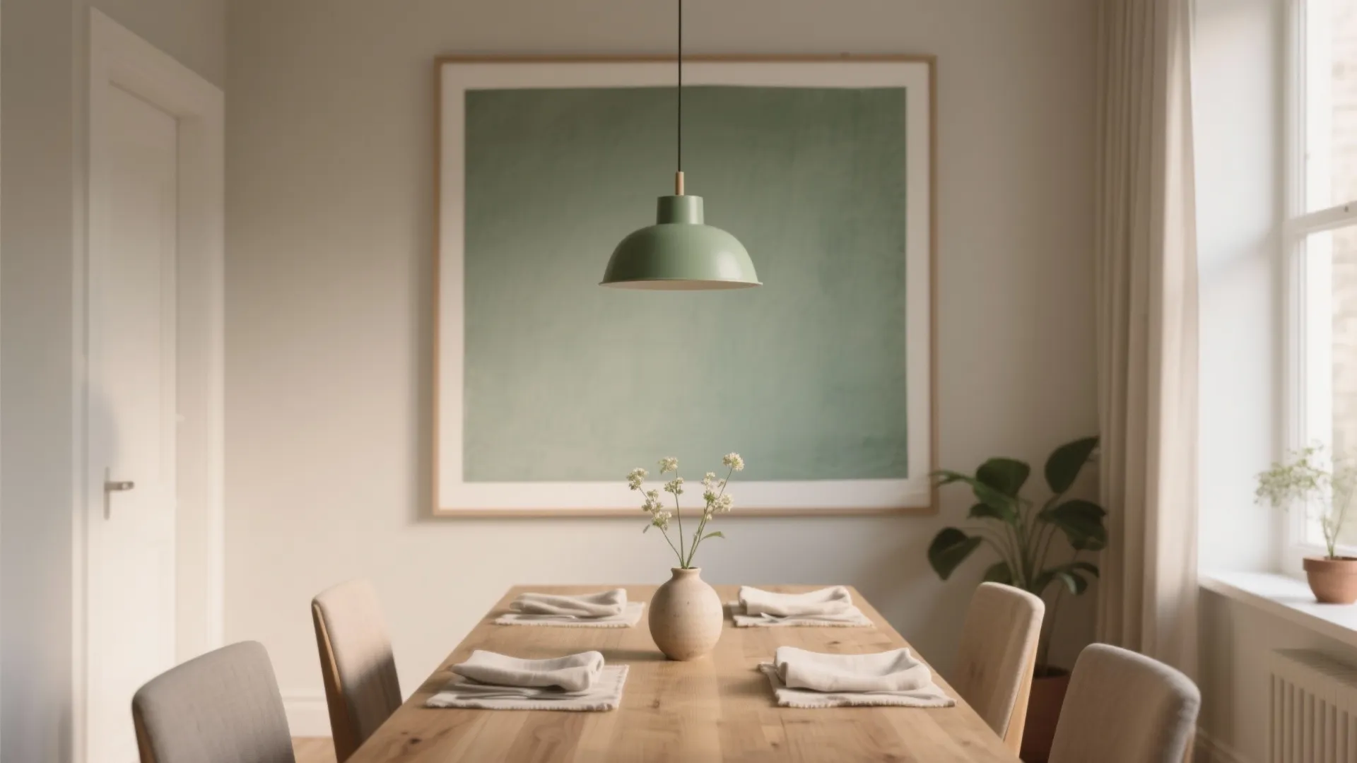 Modern wooden dining table with green ceiling light hanging above a large green wall picture