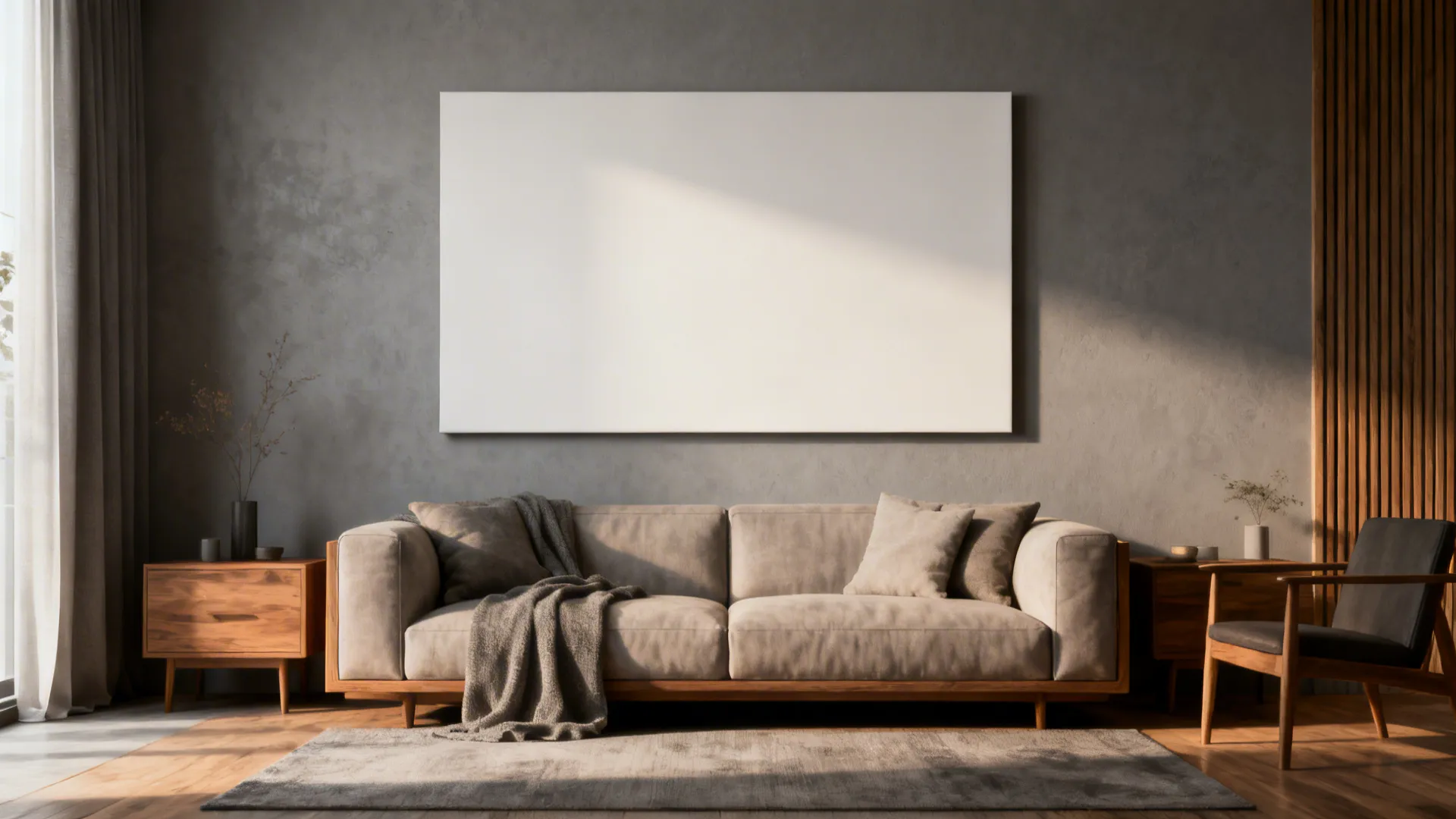 Open-plan living room with a single oversized minimalist canvas centered above the sofa.