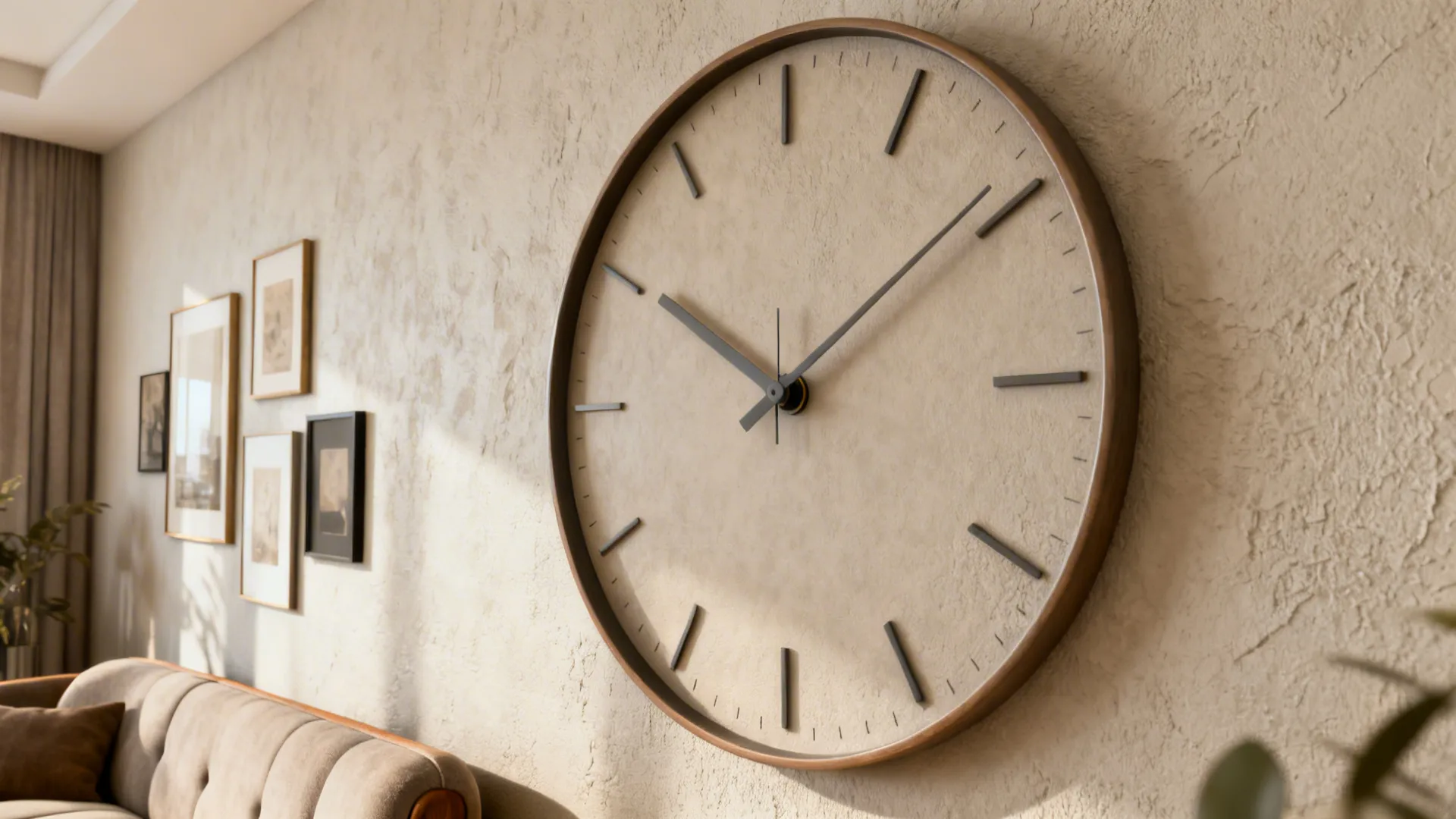 Large minimal dial wall clock on a neutral wall creating a calm focal point in a living room
