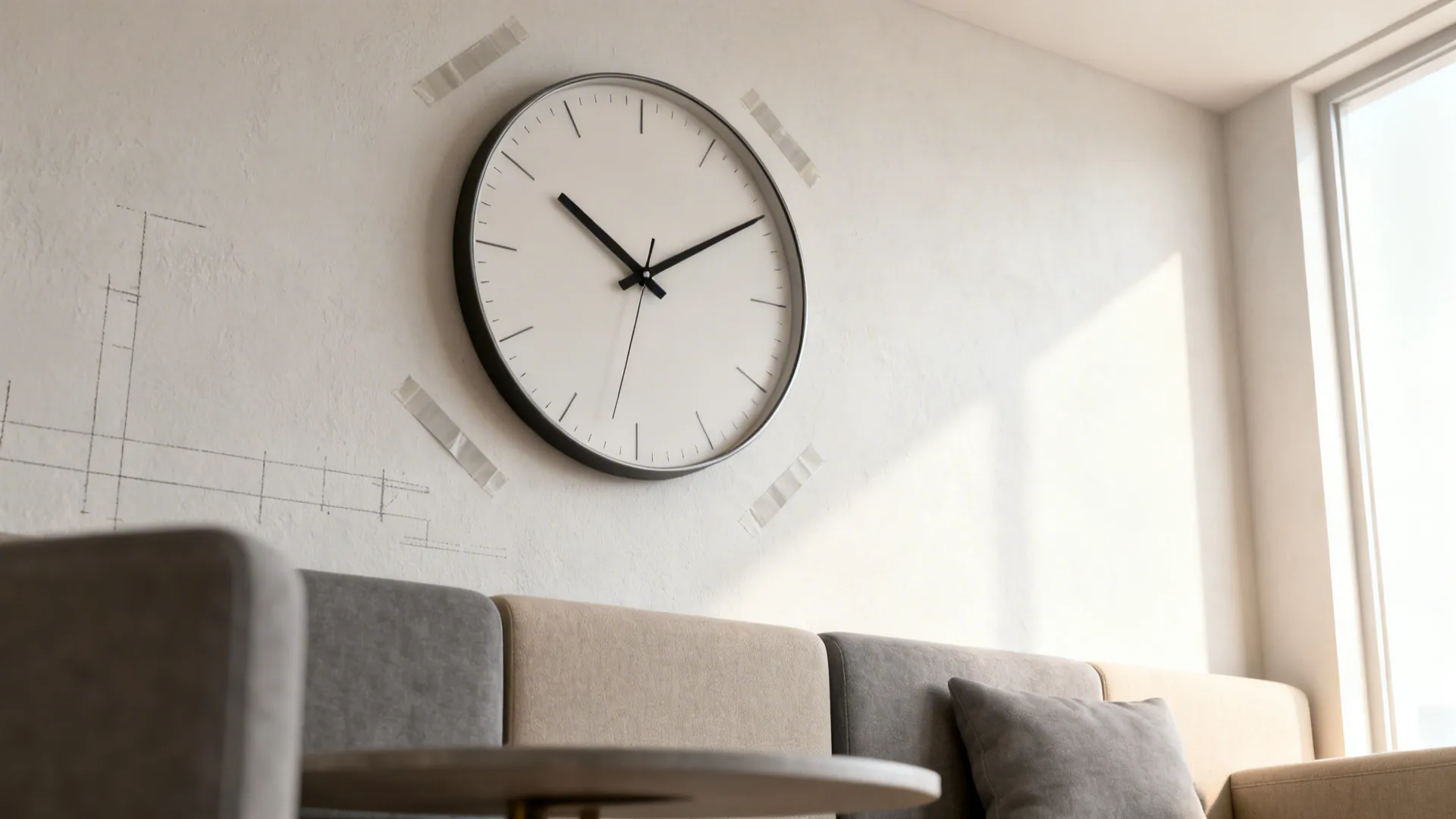 Oversized minimalist wall clock with thin hands above a seating area, painter's tape scale marks visible
