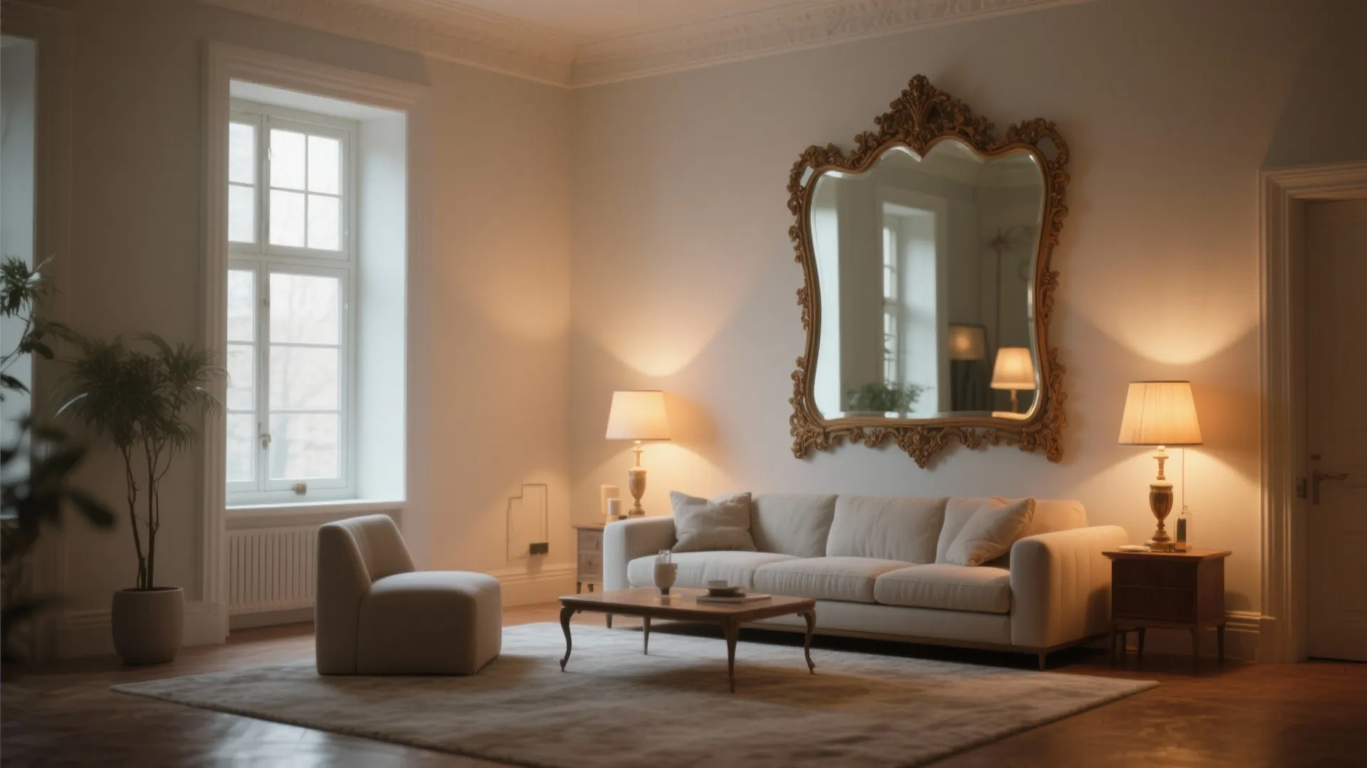 Elegant living room with large gold wall mirror above white sofa and warm table lamps