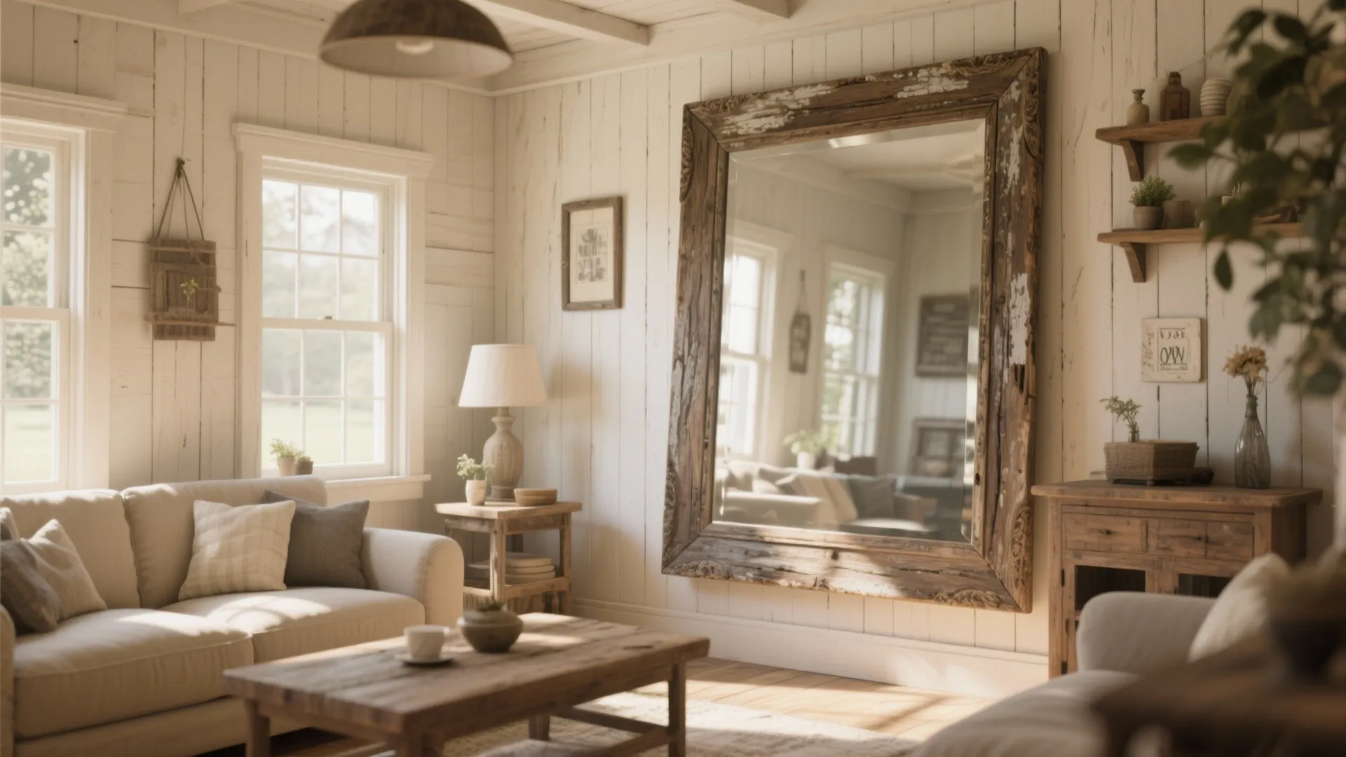 9. Oversized Mirror with Distressed Frame