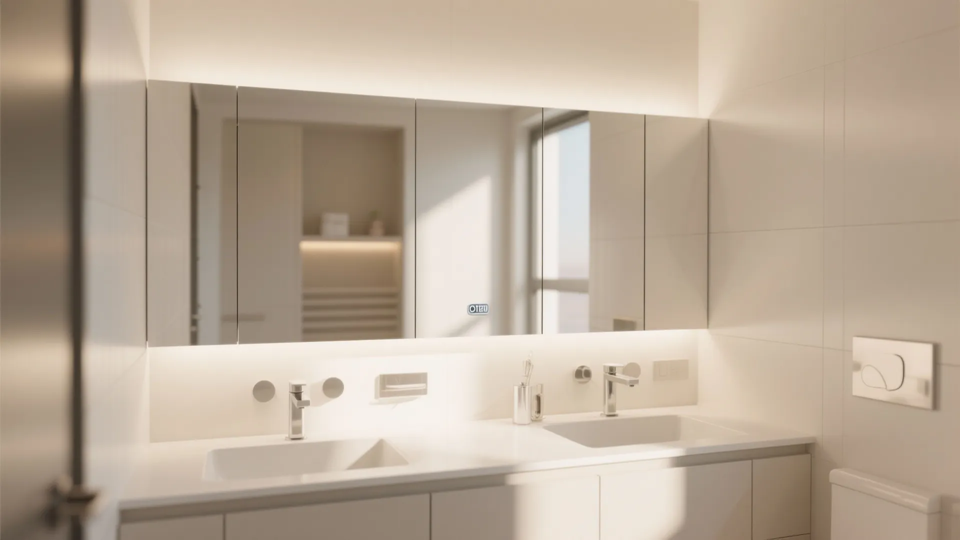 Modern bathroom with a large lit wall mirror over two white sinks and grey cabinets