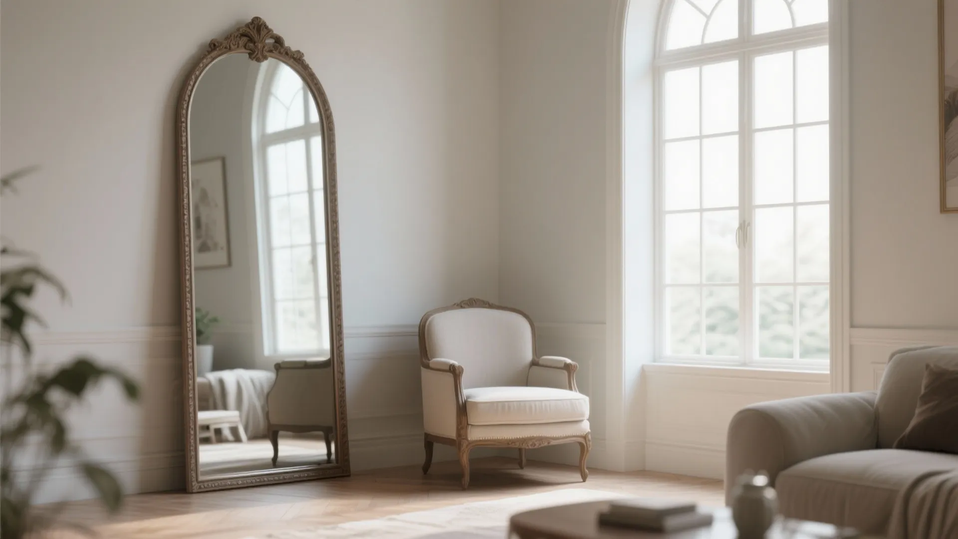 Tall arched mirror behind a living room accent chair