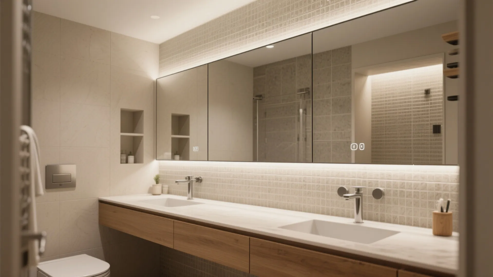 Modern bathroom featuring long double sinks with wood cabinets large mirrors and bright warm lighting