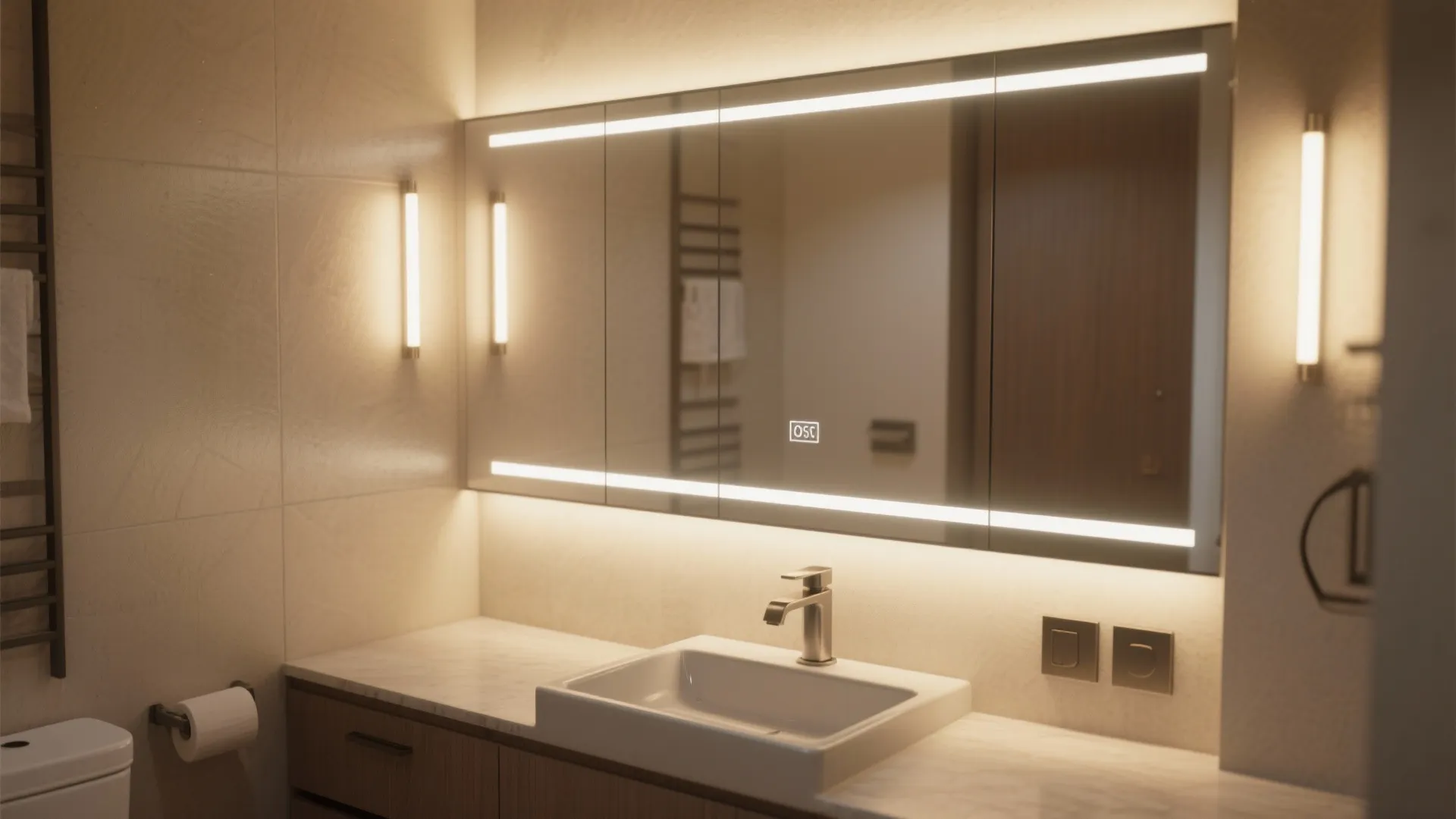 2. Oversized mirror and layered lighting