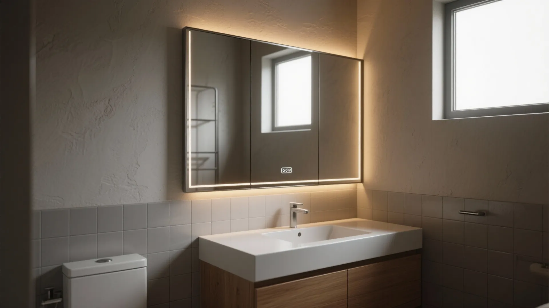 Bathroom interior featuring large lighted mirror over white sink with wood cabinet and gray tiles