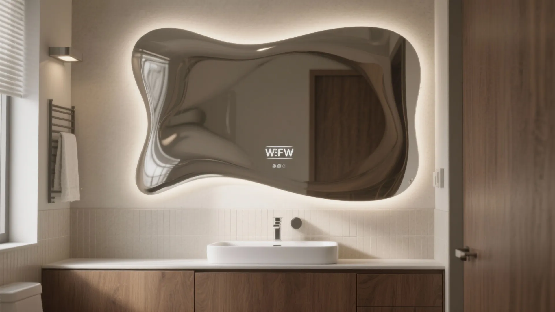 Large irregular wavy backlit mirror mounted above a white sink and wooden cabinet in a bathroom