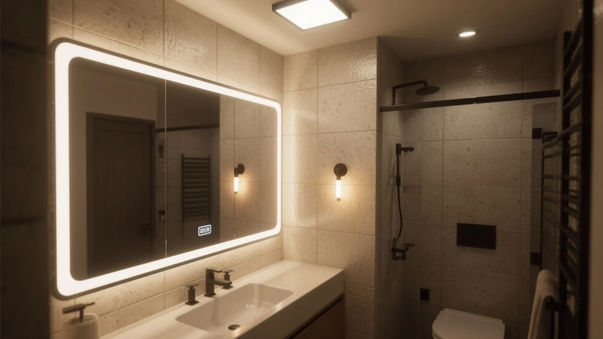 3. Oversized Mirror and Layered Lighting