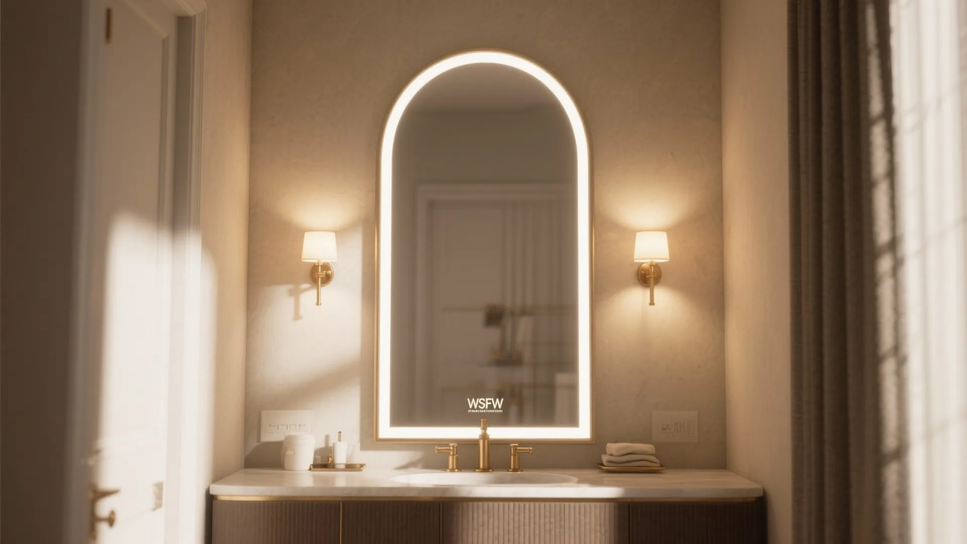 Modern bathroom with arched lighted mirror gold faucet marble countertop wood cabinet and warm wall light