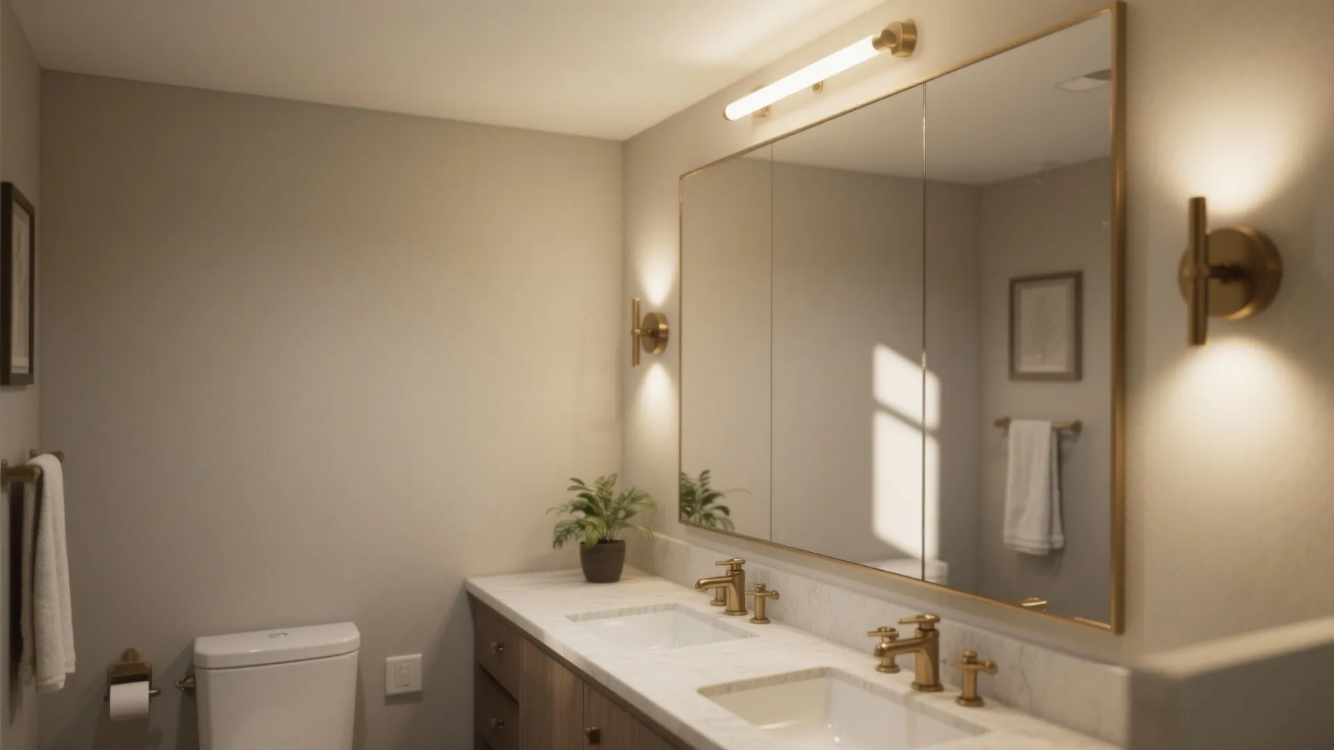 3. Oversized mirror and layered lighting