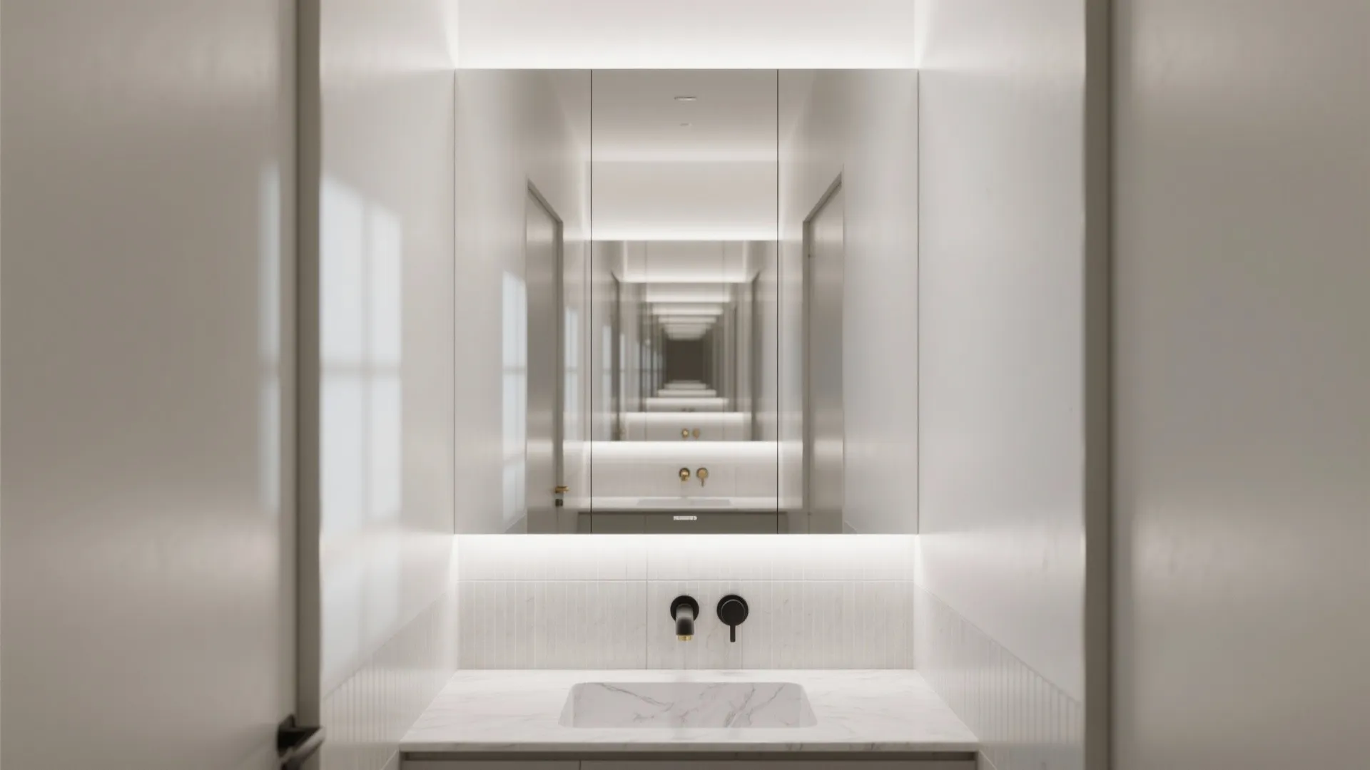 Narrow powder room with a frameless wall-to-wall mirror that visually widens the space