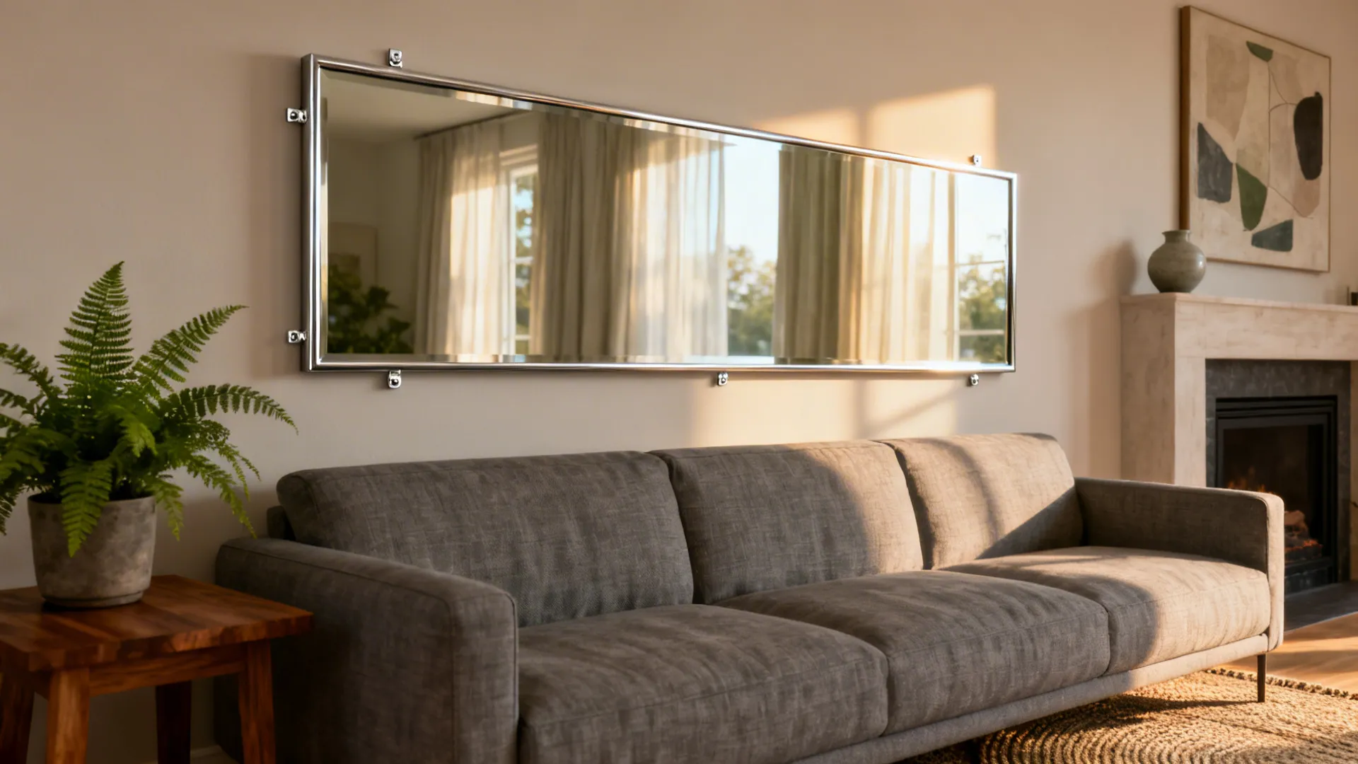 Neutral living room with an oversized mirror above the sofa reflecting daylight and making the room look larger.