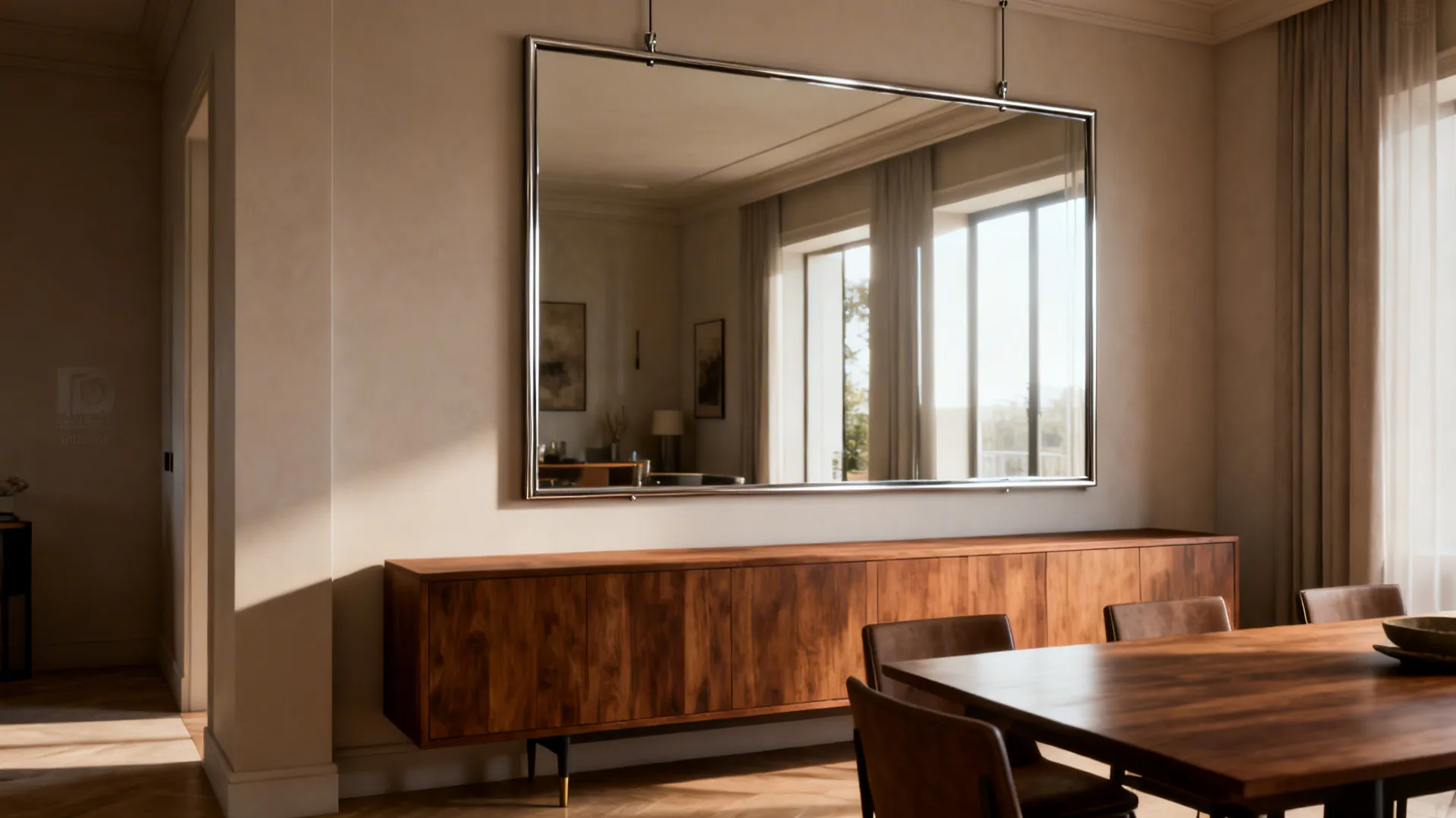 Dining area with an oversized slim-framed mirror above a buffet reflecting the adjacent space