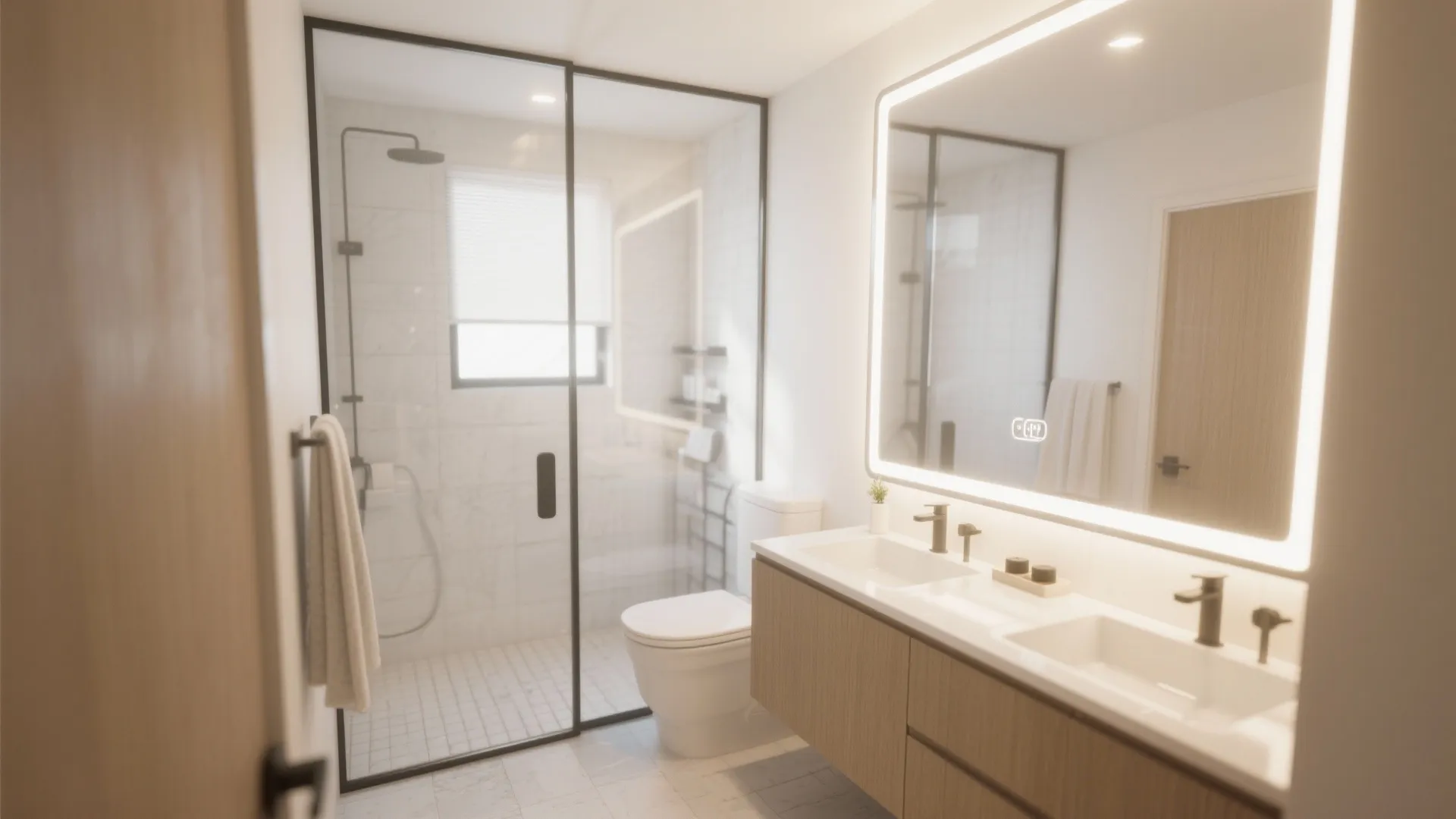 Modern bathroom featuring double sink wooden cabinet large lighted mirror glass shower door and white toilet