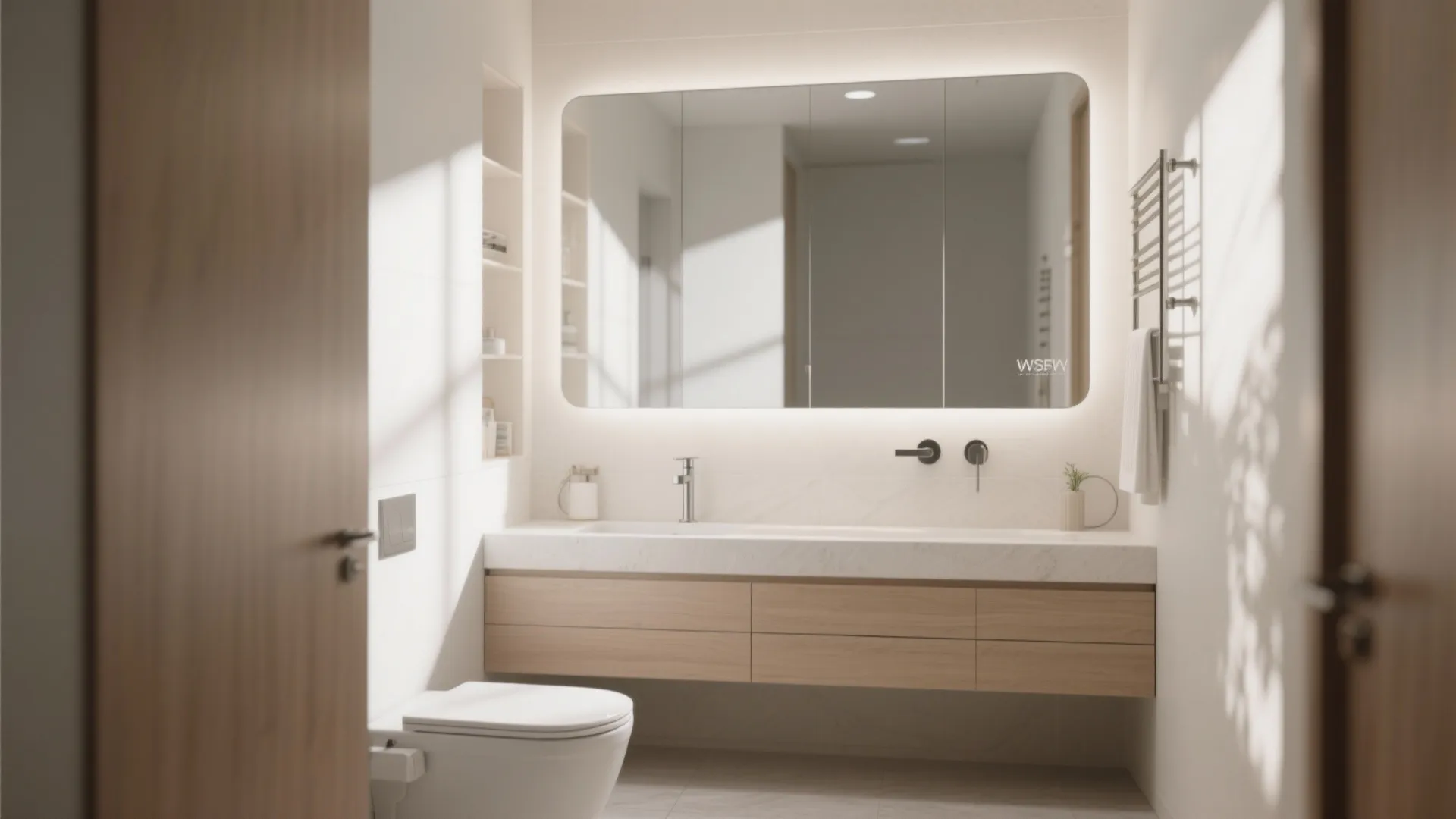 Small bathroom with a large mirror creating a spacious illusion