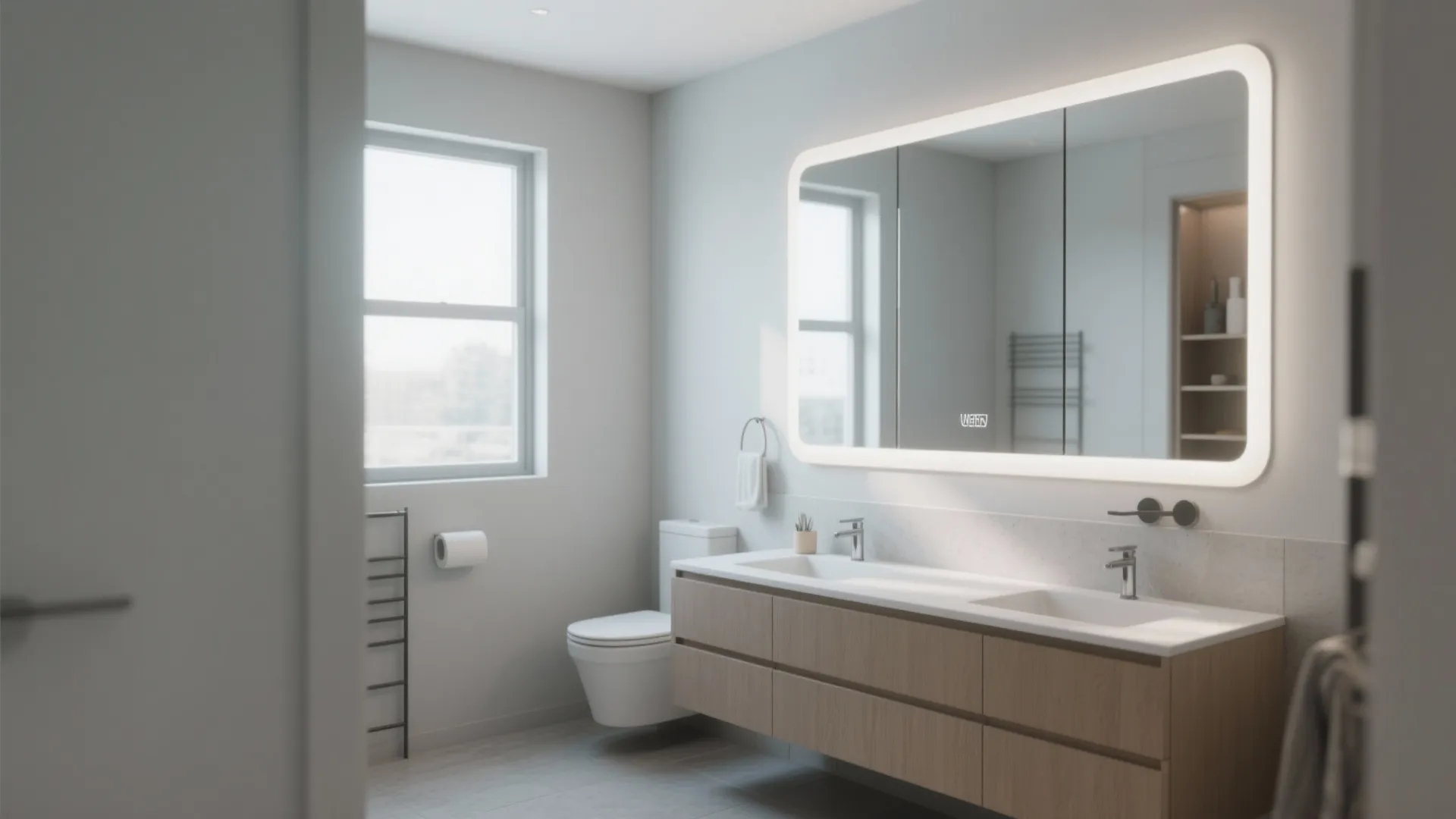 Large glowing bathroom mirror above double sink wooden cabinet with white toilet and grey floor