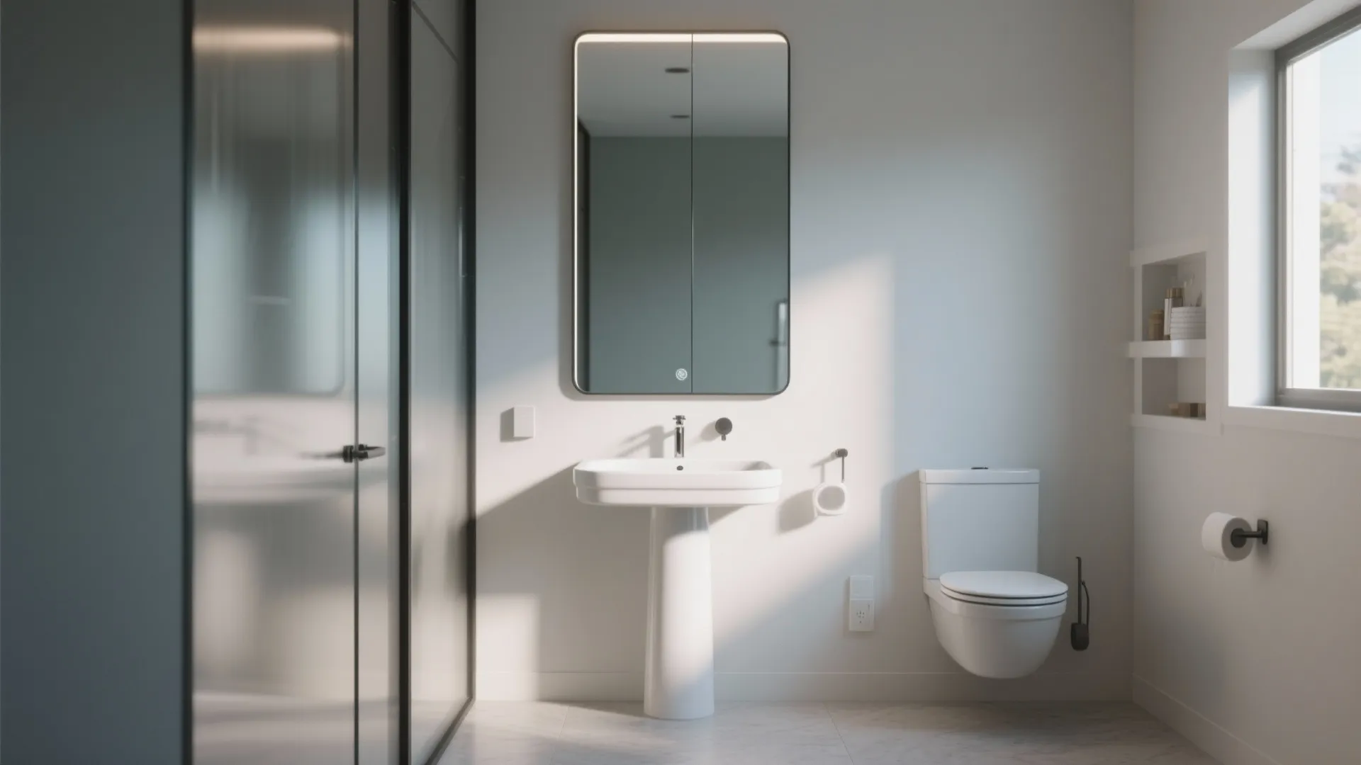 Minimalist white bathroom featuring a pedestal sink a large mirror and a white toilet bowl
