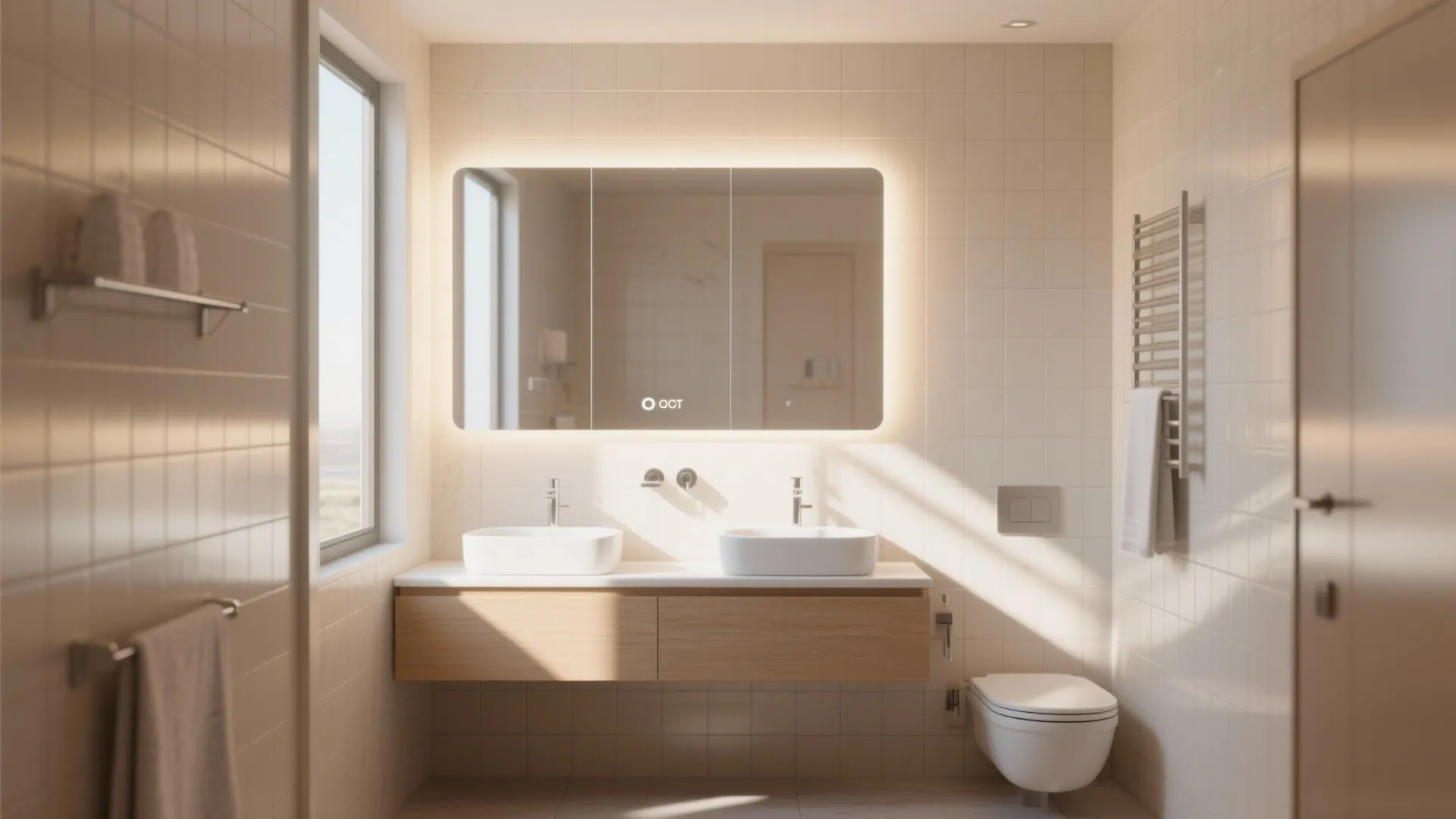 Minimalist bathroom featuring large lighted mirror, double sinks, wooden cabinet, white toilet, and beige tiles