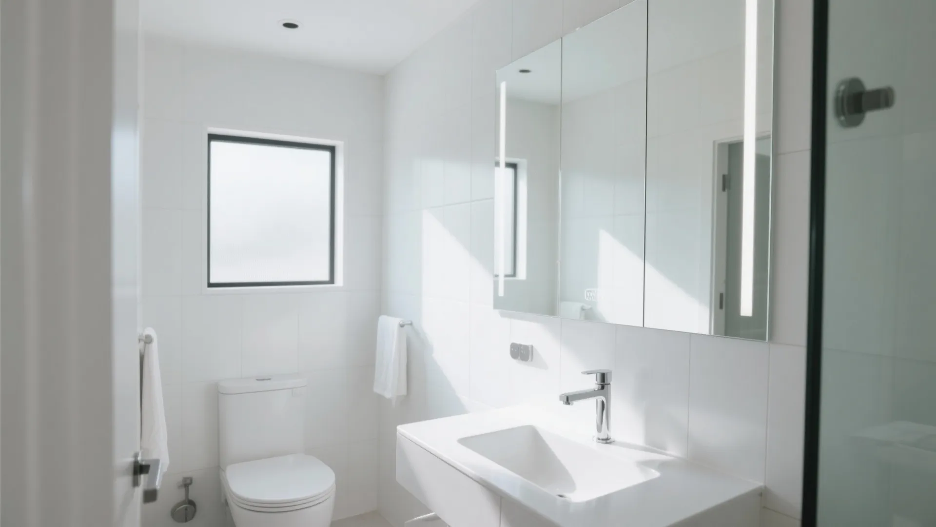 Bright white bathroom featuring a large wall mirror white sink toilet and natural light from window