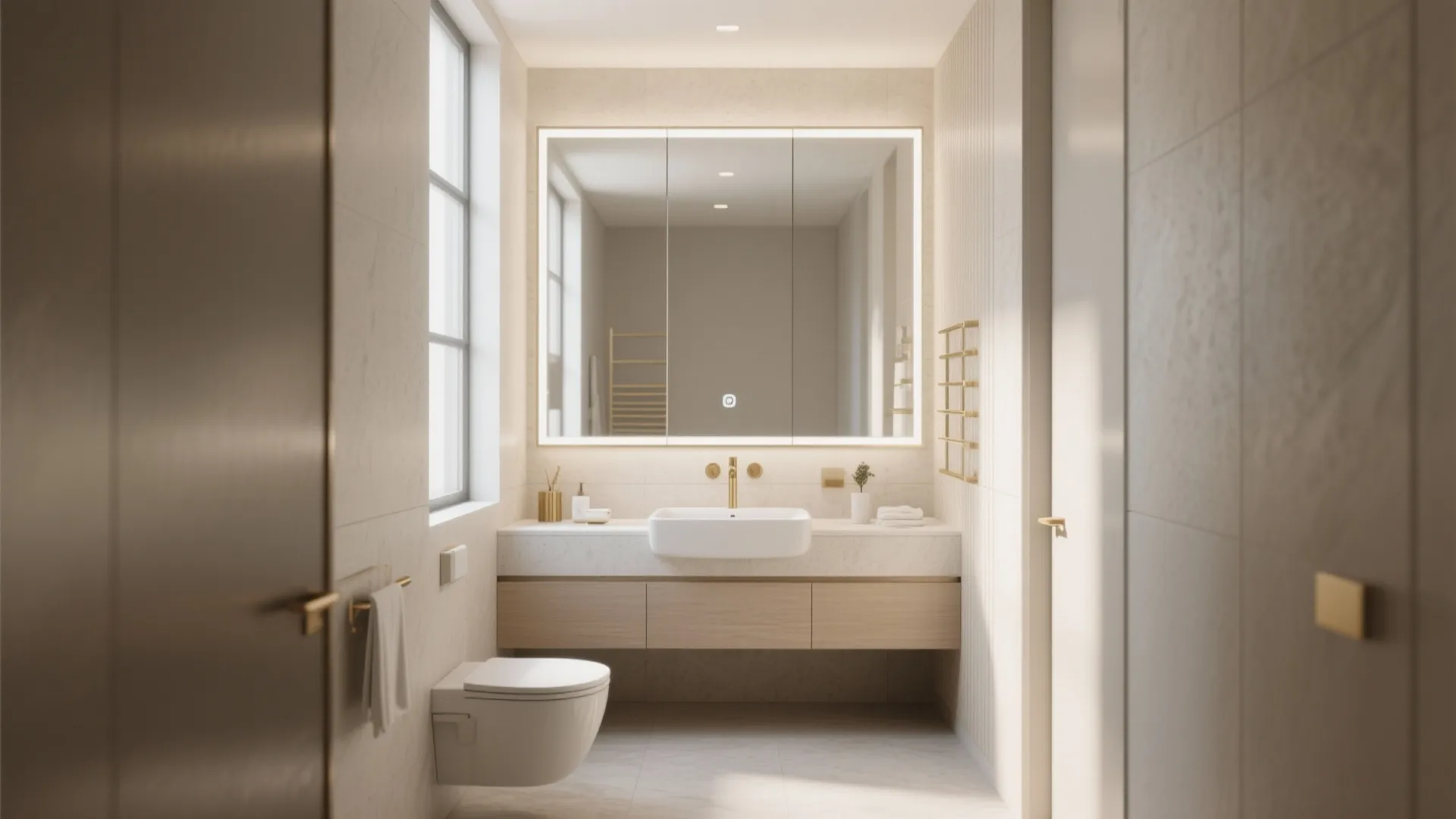 Modern bathroom interior design with light wood cabinet large lighted mirror and white wall tiles