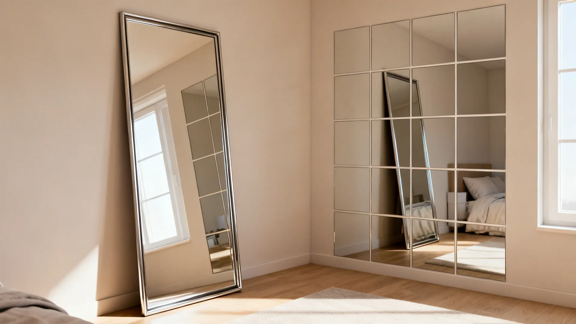 Oversized mirror leaning against a bedroom wall reflecting daylight and enlarging the space