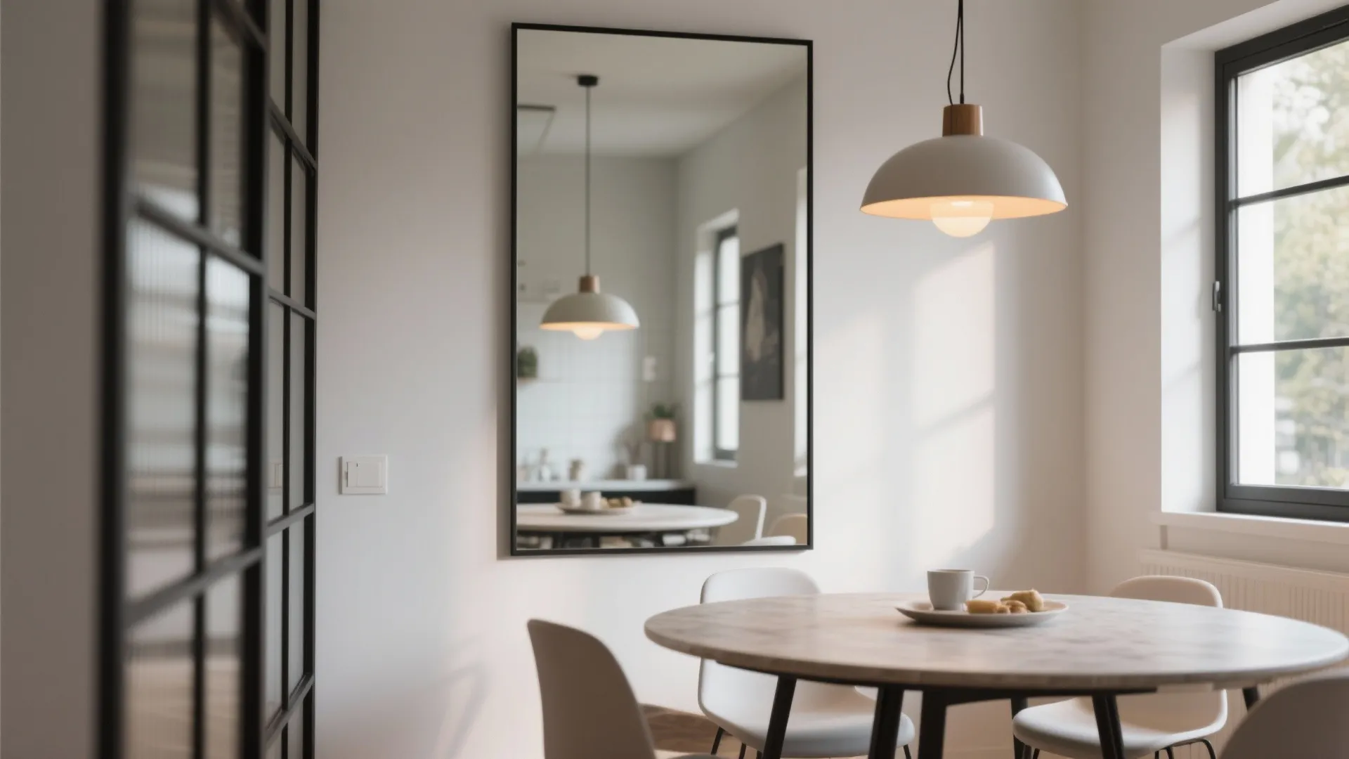 Oversized statement mirror enlarging a modern dining space