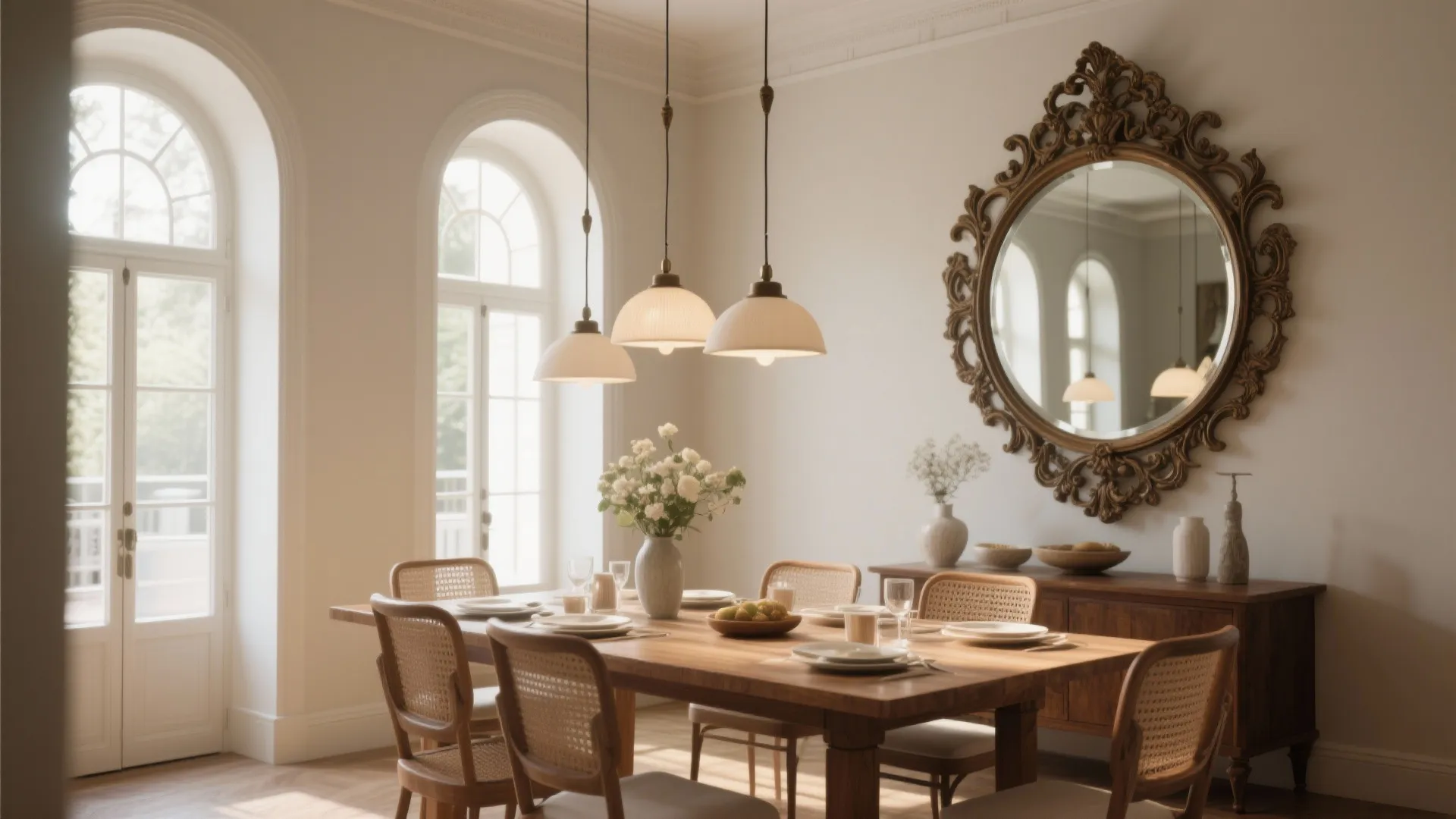 Dining room with an overscaled decorative mirror above a table, reflecting light and expanding the space.