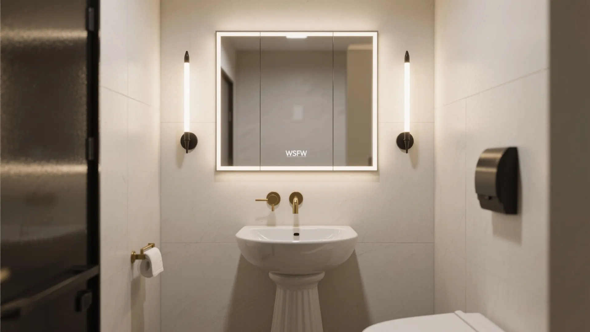 2) Oversized mirror + layered lighting to double the visual volume